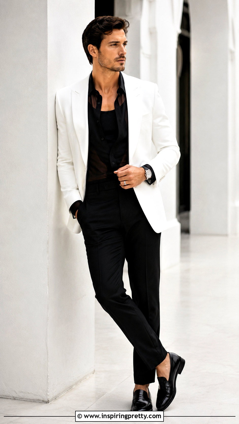 Black Sheer Top With a White Blazer - 25 Black Sheer Top Men outfit ideas