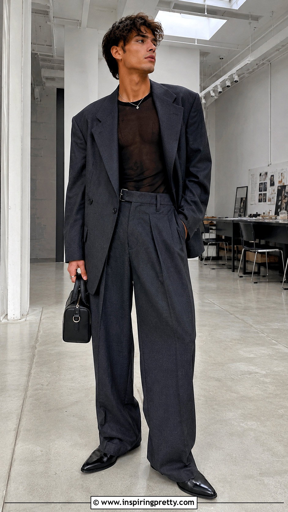 Black Sheer Top With an Oversized Suit - 25 Black Sheer Top Men outfit ideas