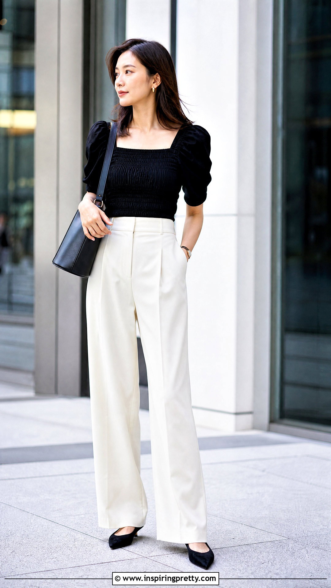 Black Shirred Puff Sleeve Top With Wide Leg Trousers - 25 Shirred Puff Sleeve Top outfit ideas