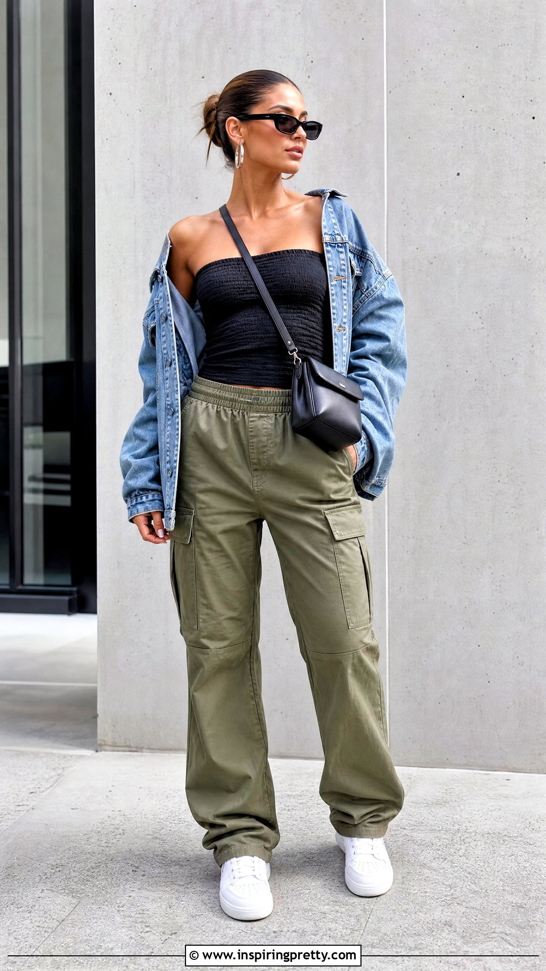 Black Shirred Strapless Top With Cargo Pants - 25 Shirred Strapless Top outfit ideas