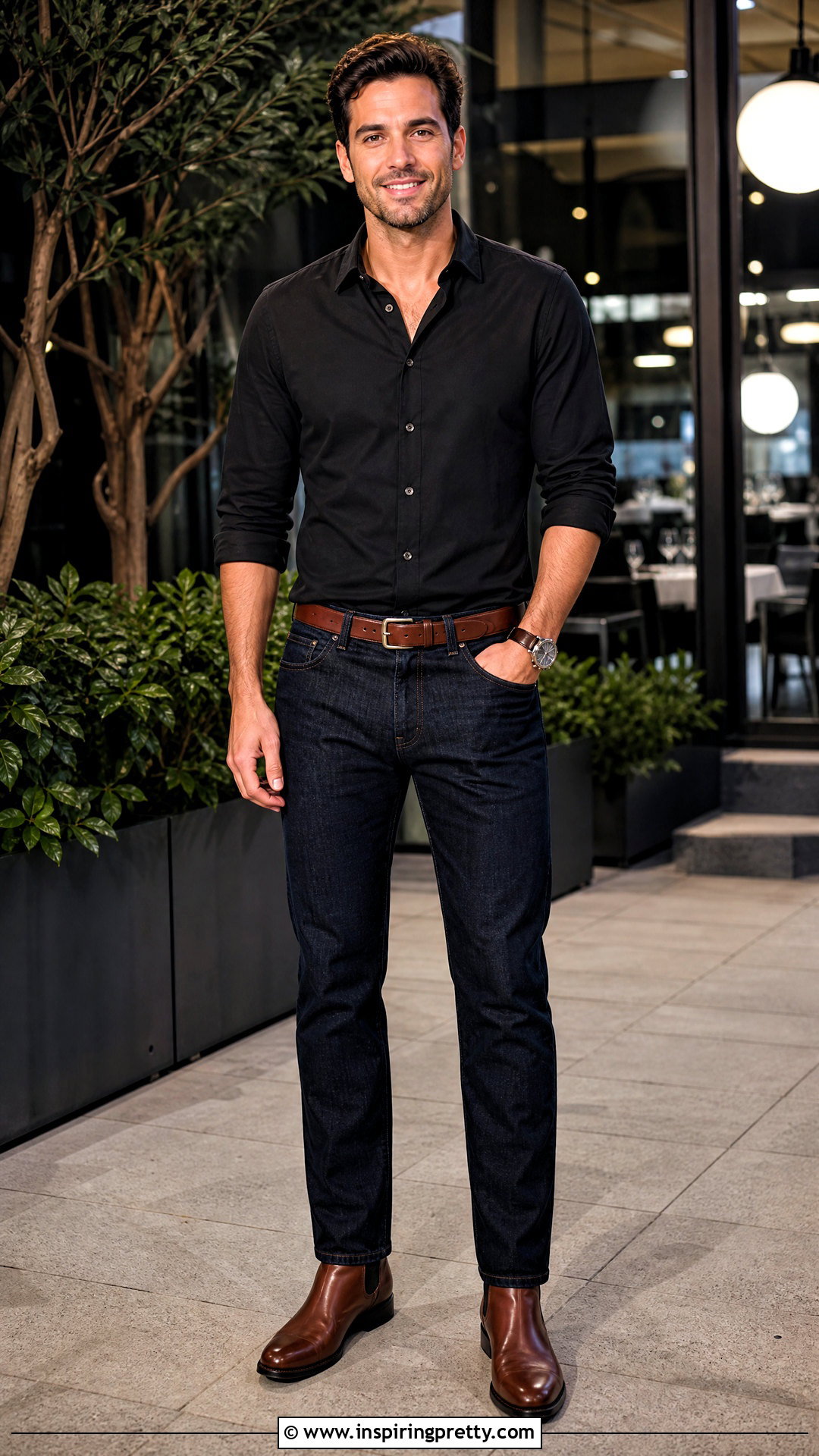 Black Shirt Dark Blue Jeans Brown Boots - 20 Black Top Blue Jeans Mens