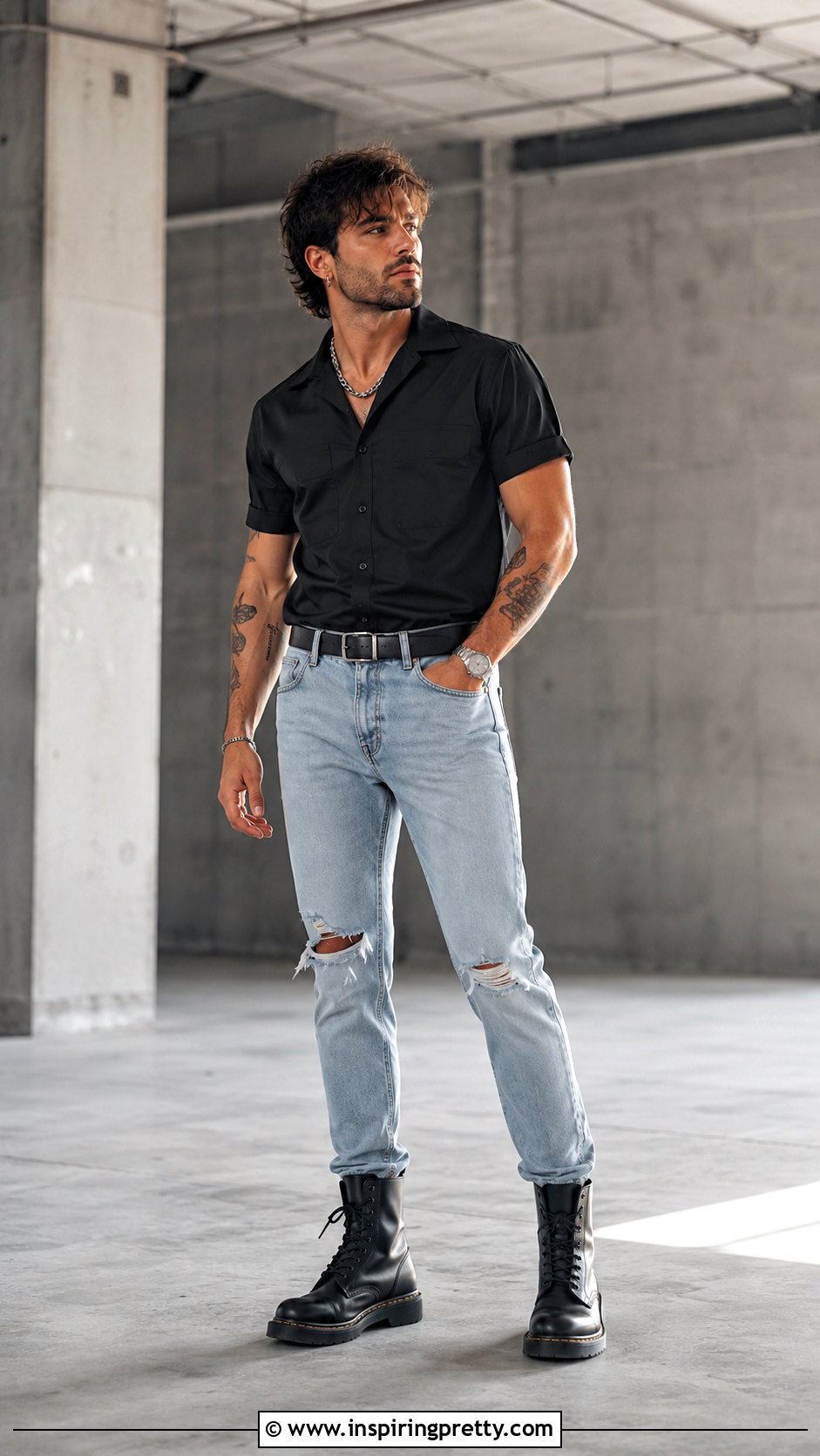 Black Shirt With Light Blue Ripped Jeans And Combat Boots - 20 Light Blue Jeans Black Top Men