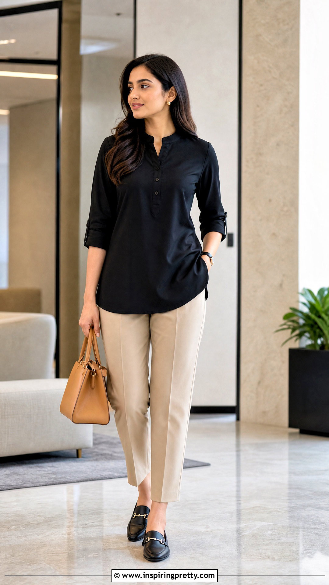 Black Short Kurtha Top With Beige Trousers - 20 Short Kurtha Tops For Women