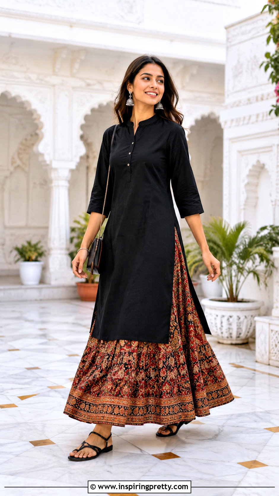 Black Short Kurti With Printed Maxi Skirt - 50 short kurti top outfit ideas