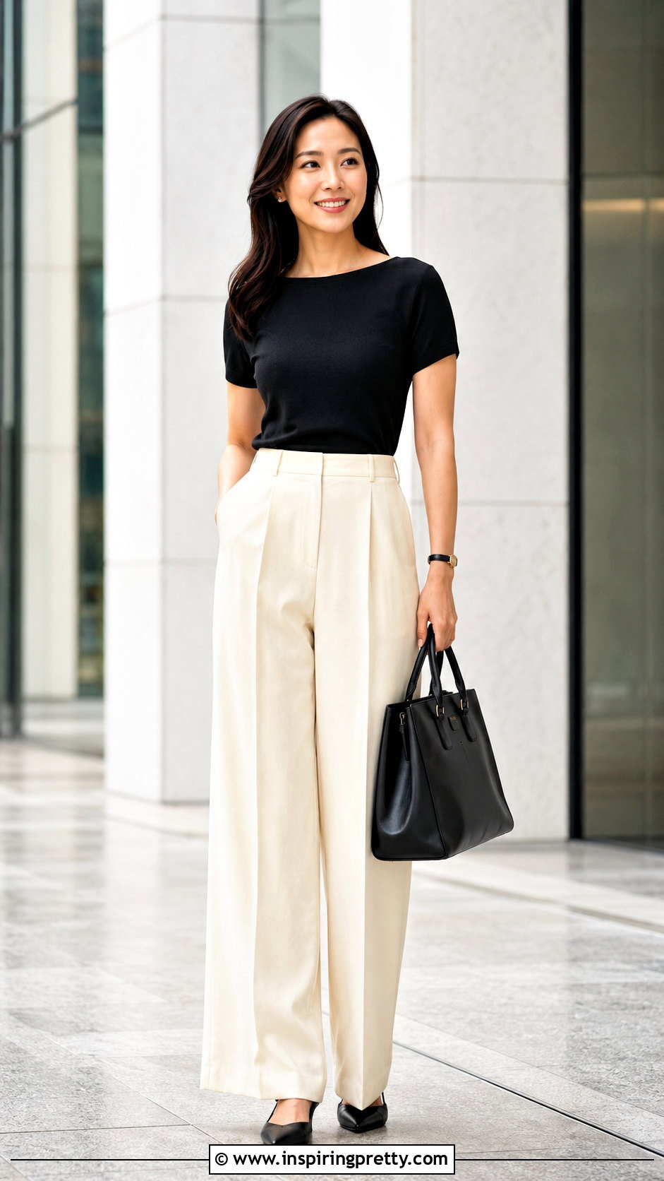 Black Short Sleeve Boat Neck Top With Wide Leg Trousers - 25 Short Sleeve Boat Neck Top outfit ideas