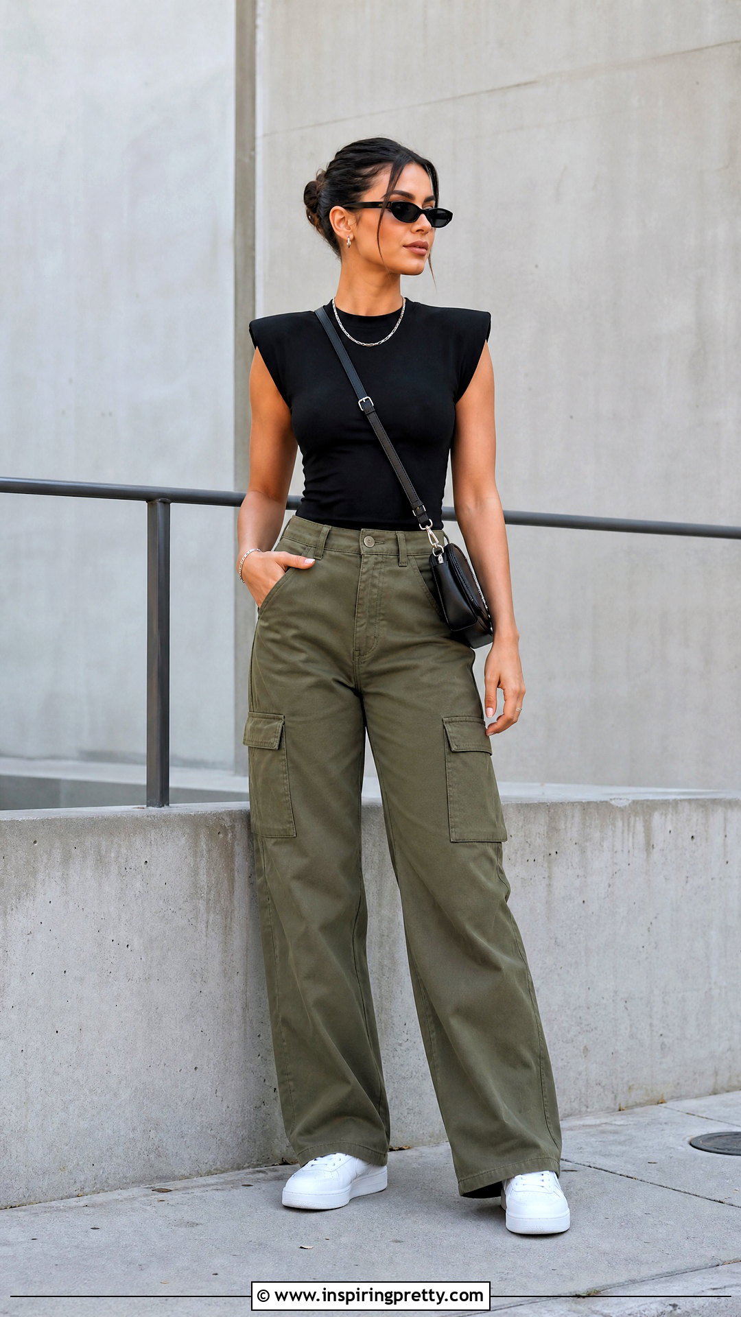 Black Shoulder Pad Top With Cargo Pants - 20 Black Shoulder Pad Top outfit ideas
