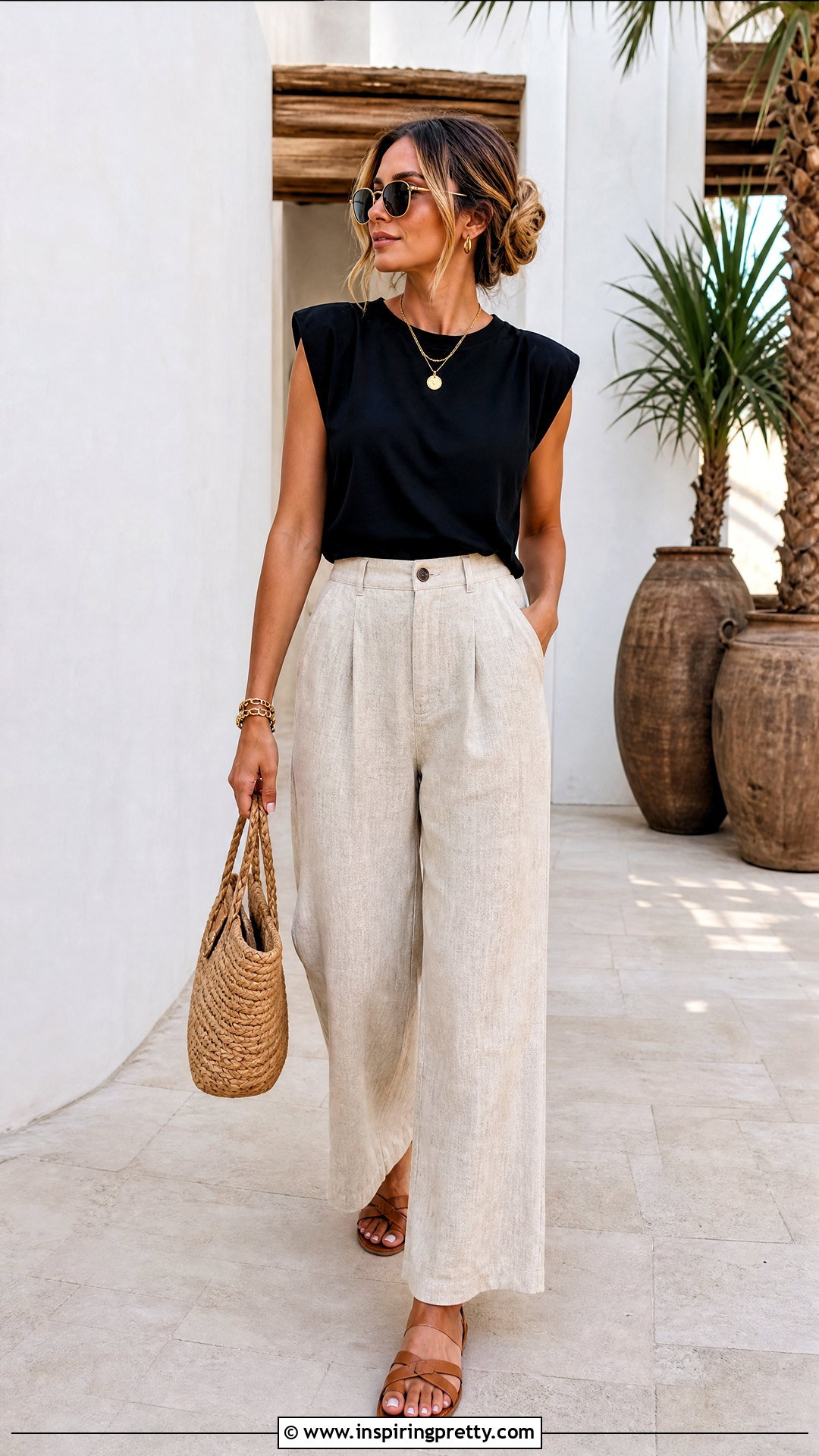 Black Shoulder Pad Top With Linen Pants - 20 Black Shoulder Pad Top outfit ideas