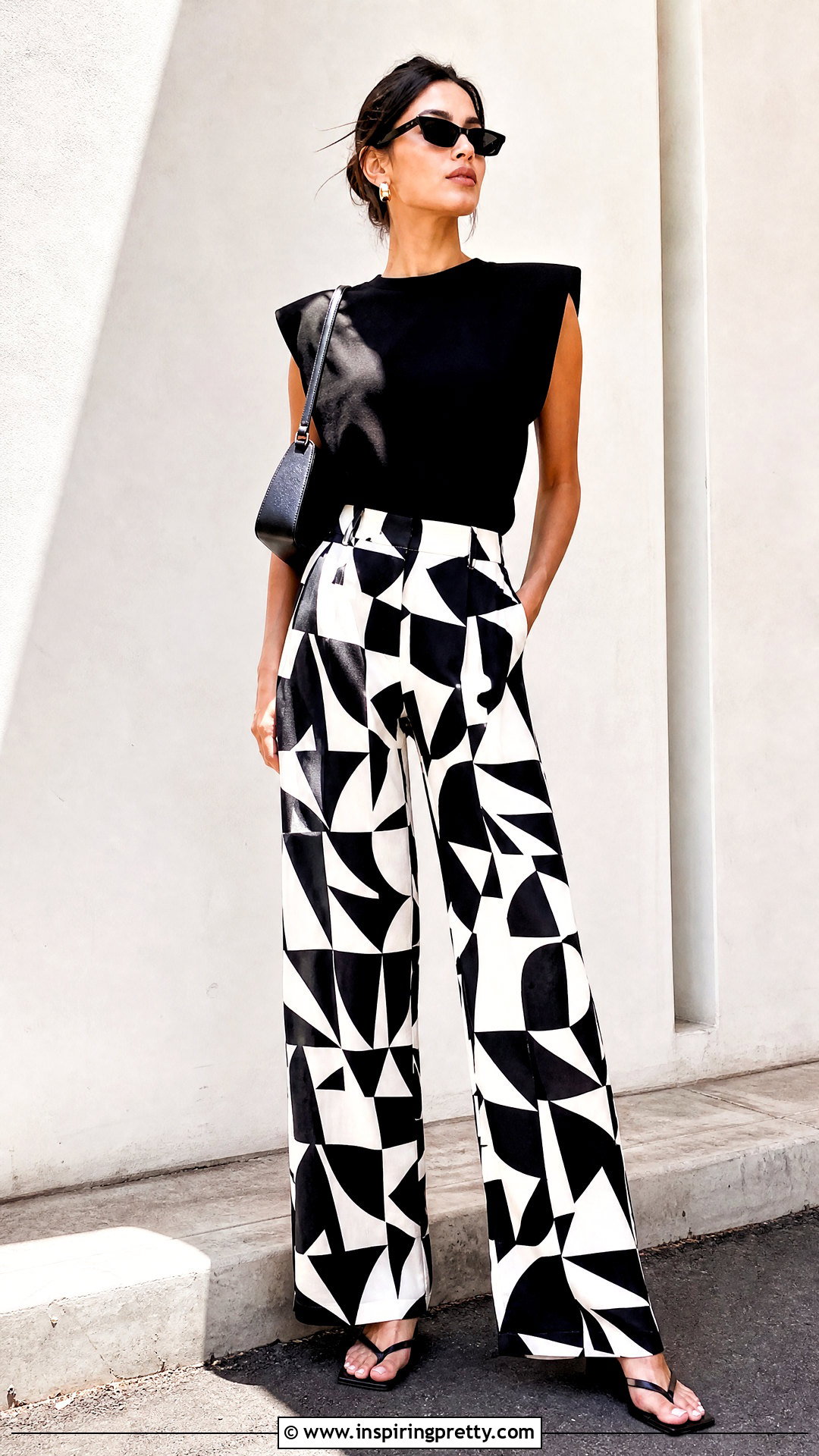 Black Shoulder Pad Top With Printed Pants - 20 Black Shoulder Pad Top outfit ideas