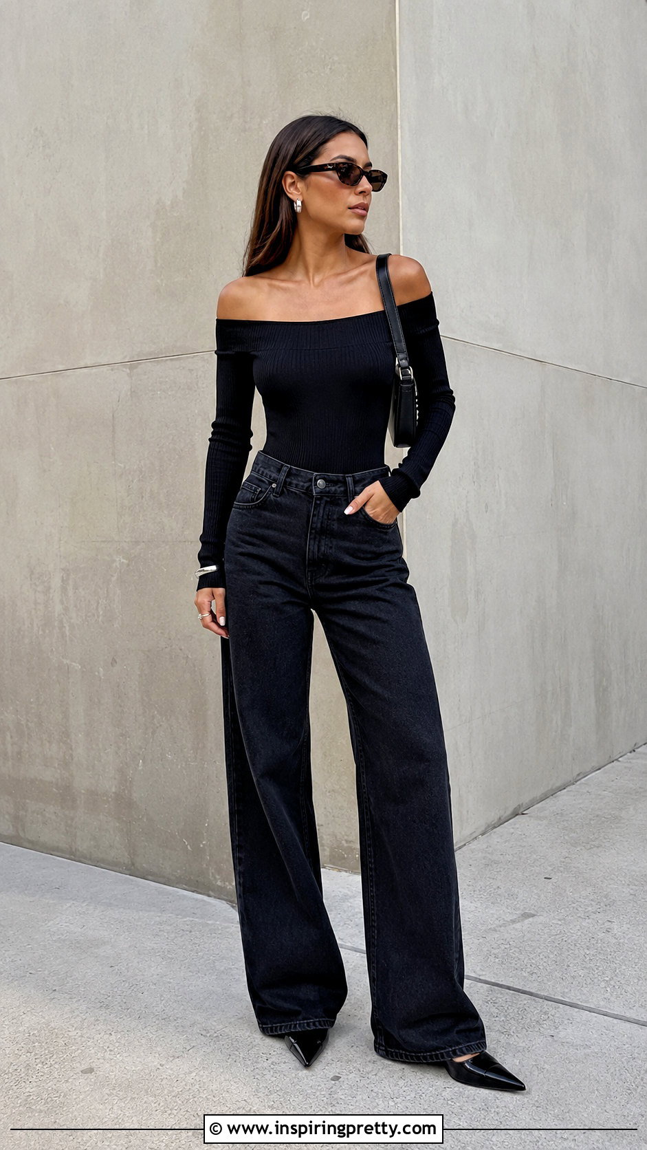 Black Shoulderless Top With Wide Leg Jeans - 50 shoulderless top outfit ideas