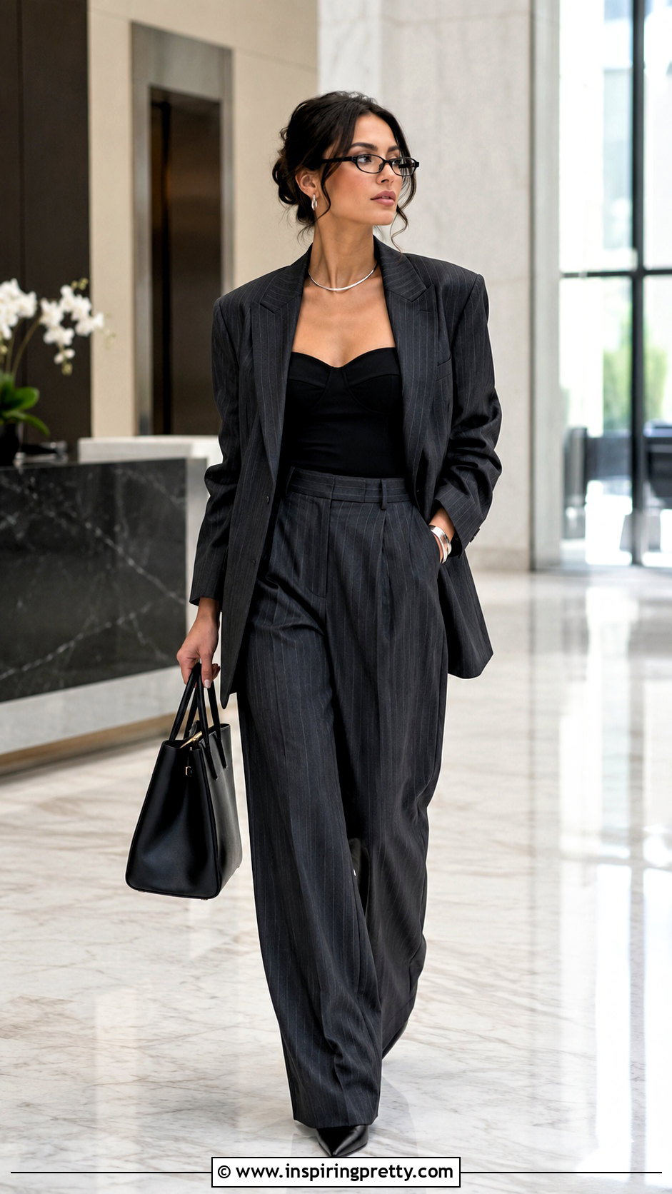Black Siren Top With Pinstripe Trousers - 50 siren top outfit ideas