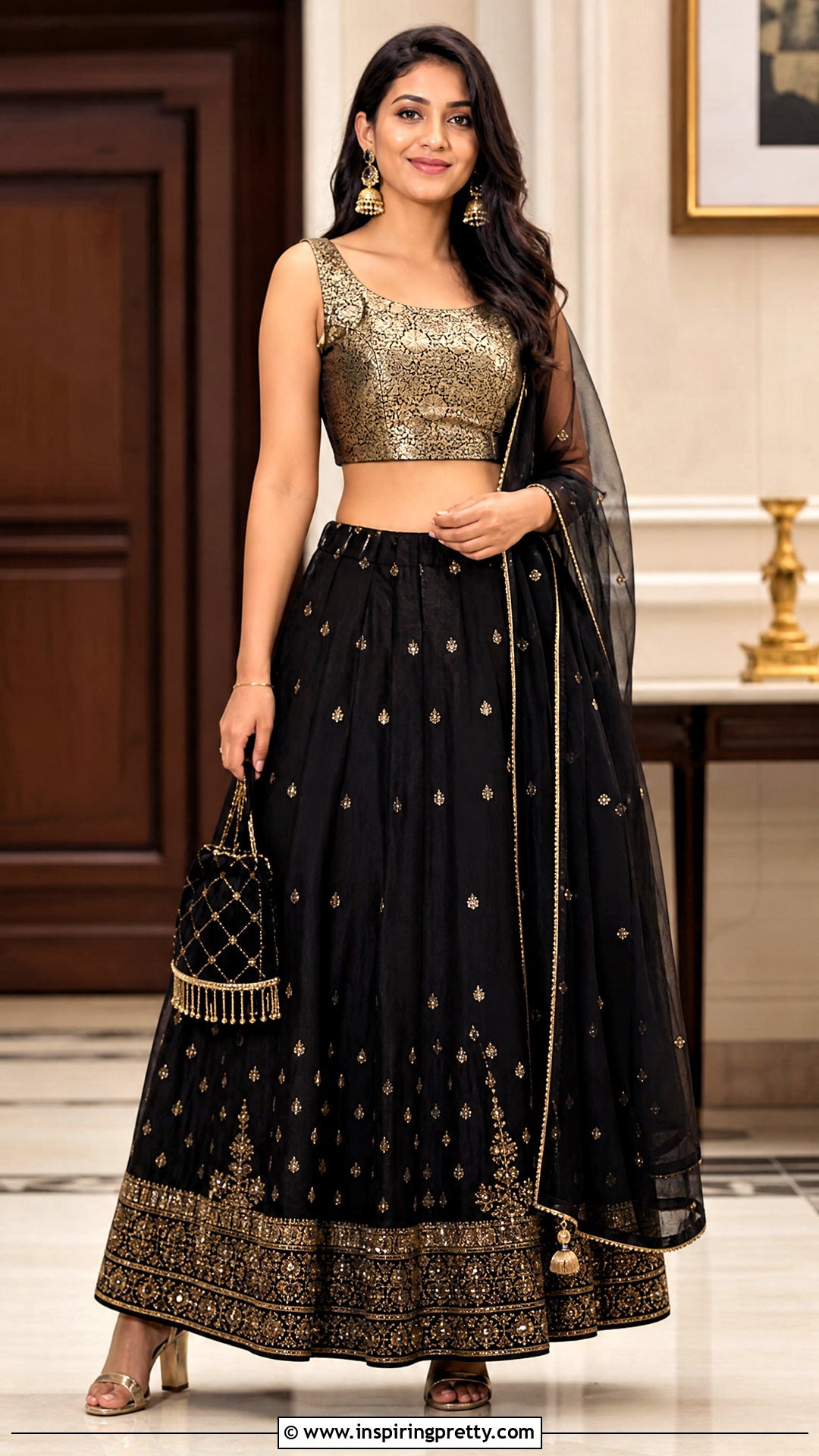 Black Skirt With Gold Crop Top - 50 skirt top indian outfit ideas