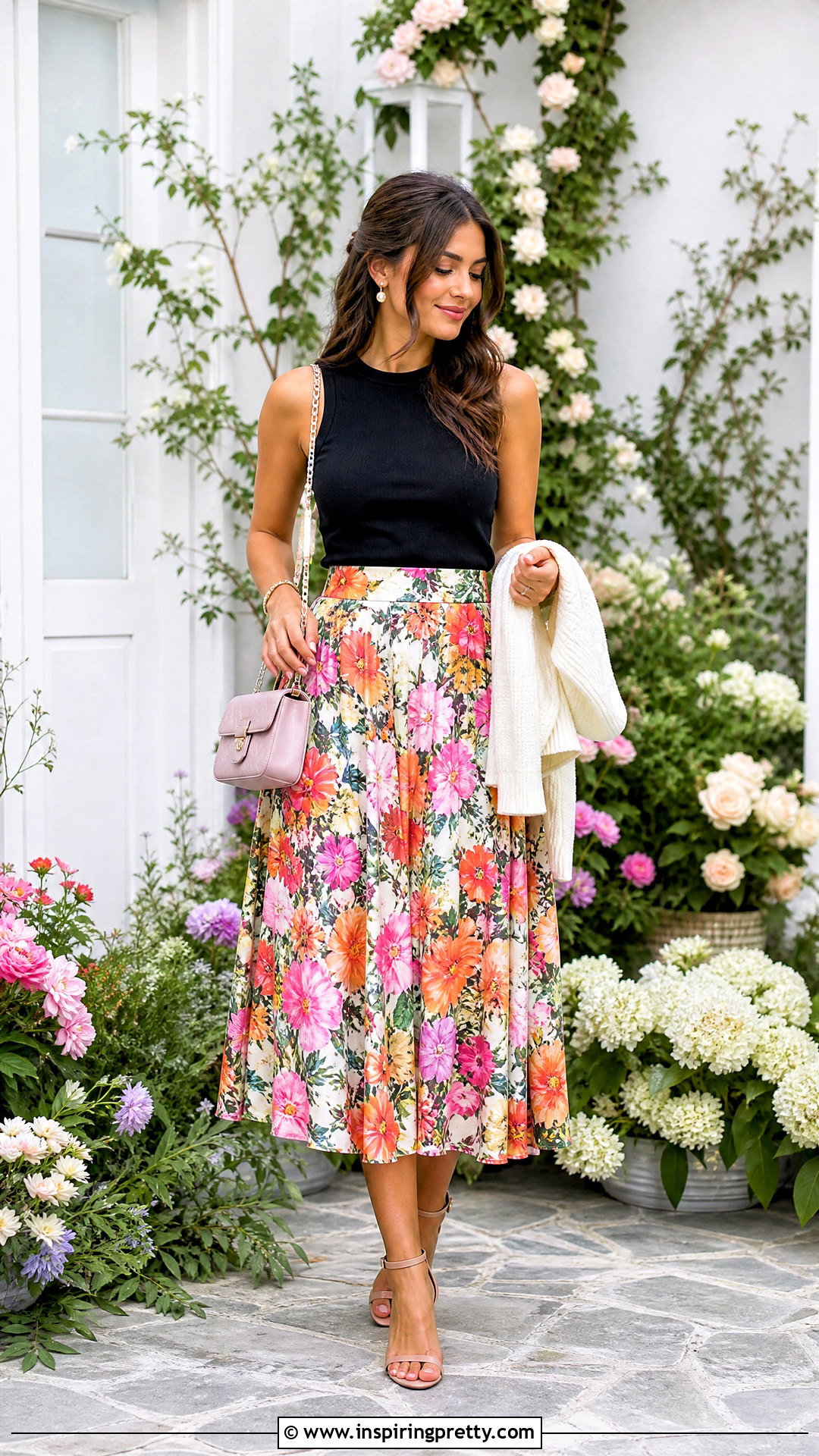 Black Sleeveless Top With A Floral Midi Skirt - 50 black sleeveless top outfit ideas
