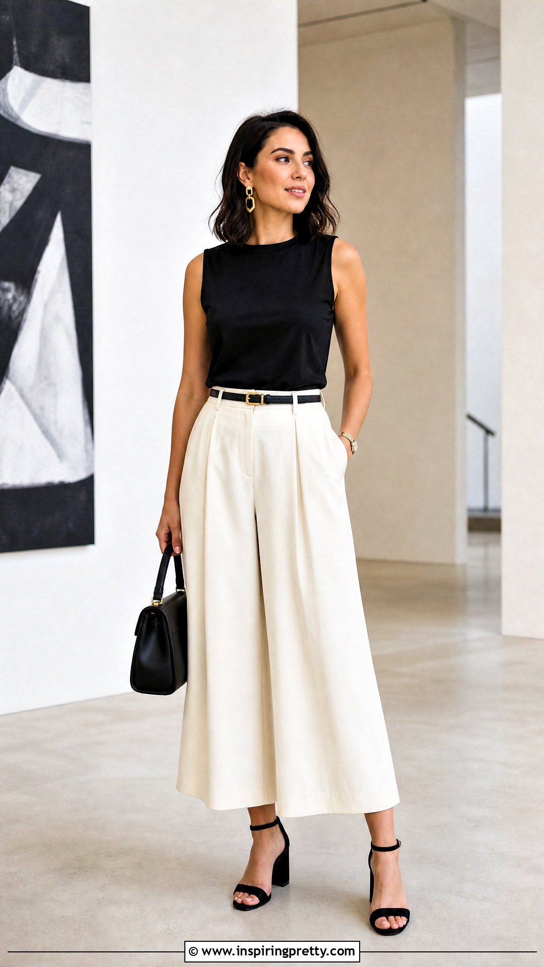Black Sleeveless Top With Culottes And Block Heels - 50 black sleeveless top outfit ideas