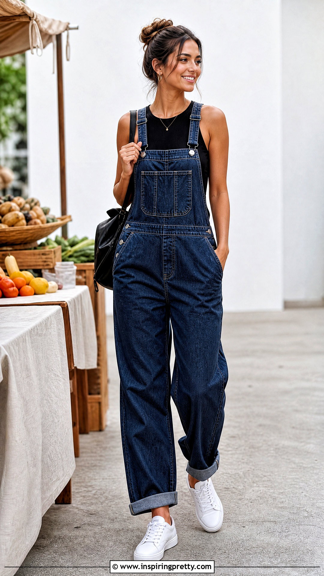 Black Sleeveless Top With Denim Overalls And Sneakers - 50 black sleeveless top outfit ideas