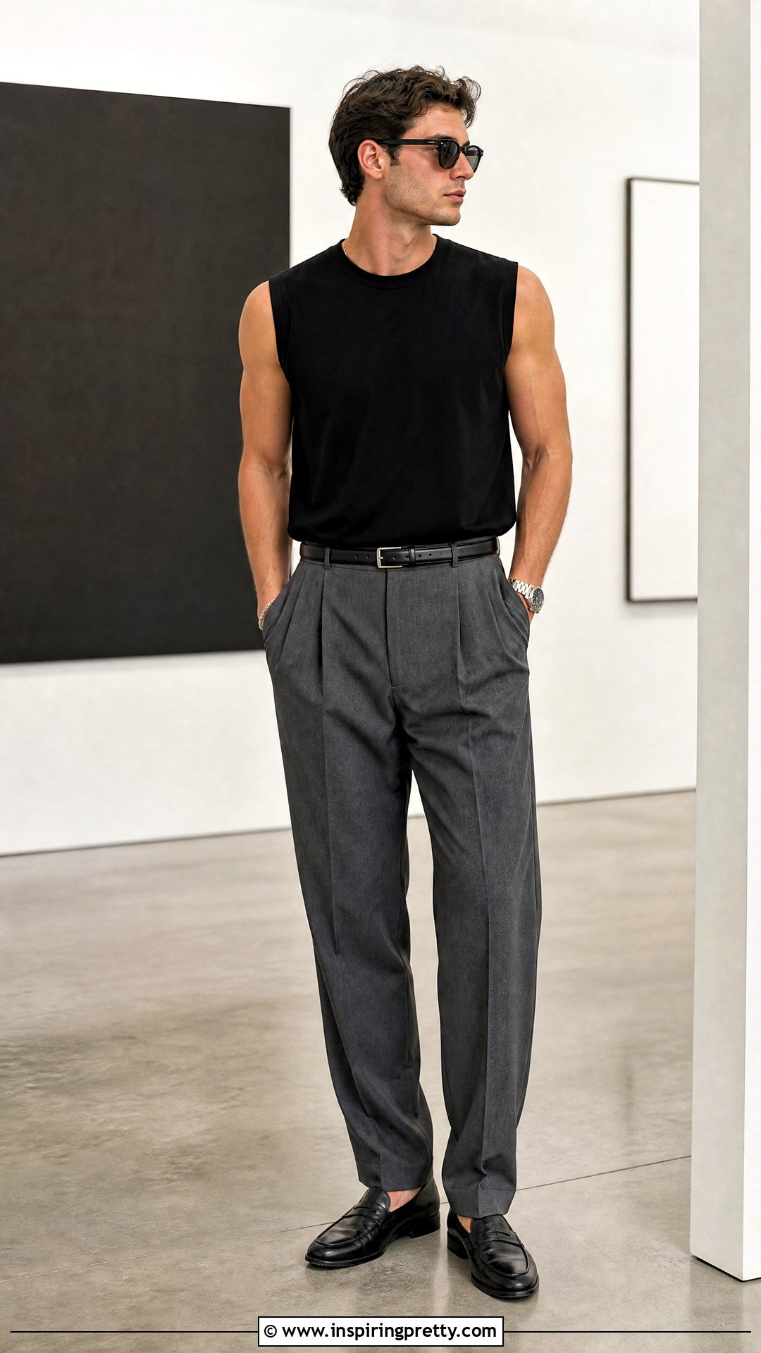Black Sleeveless Top With Gray Trousers - 50 sleeveless top outfit men ideas