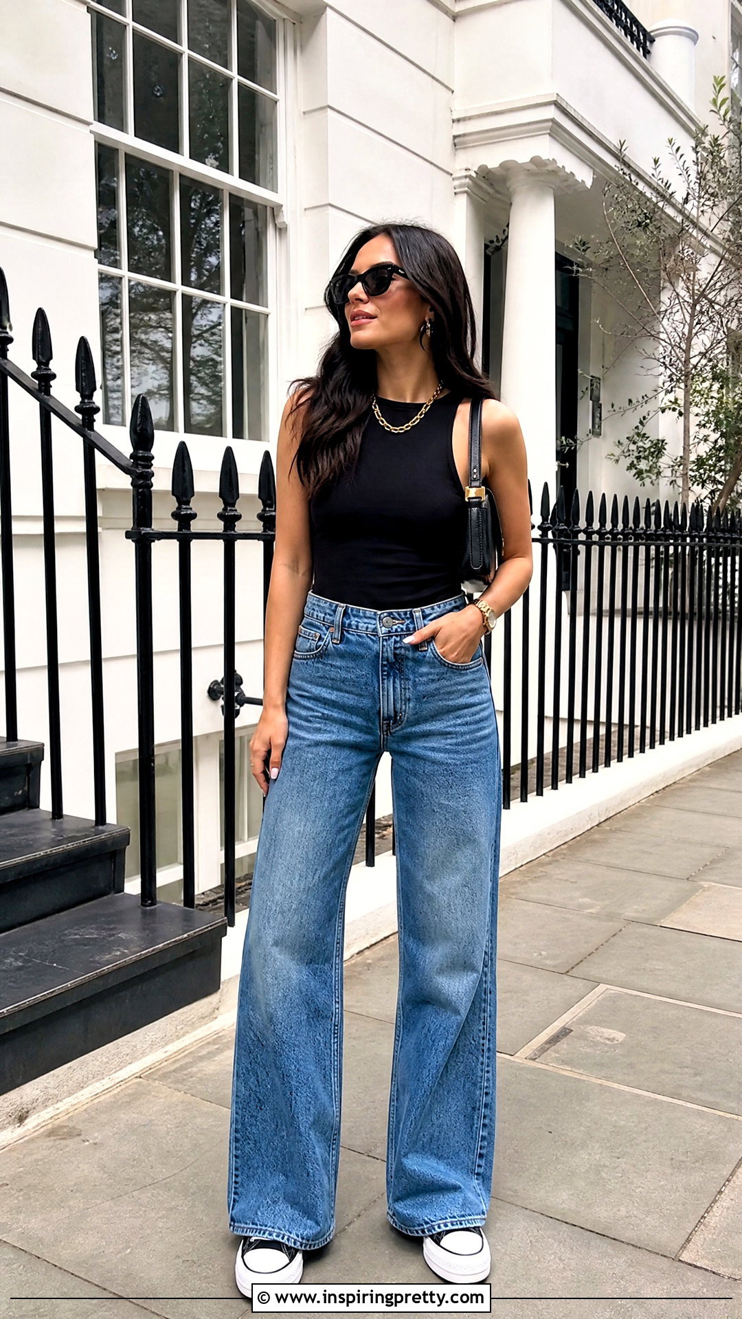 Black Sleeveless Top With Wide Leg Blue Jeans - 50 black sleeveless top outfit ideas