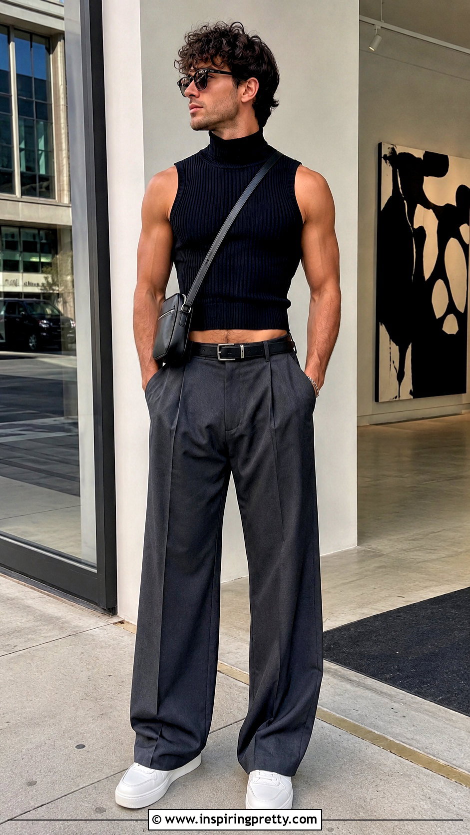 Black Sleeveless Turtleneck Crop Top With Wide Leg Trousers - 20 sleeveless turtleneck crop top men outfit ideas