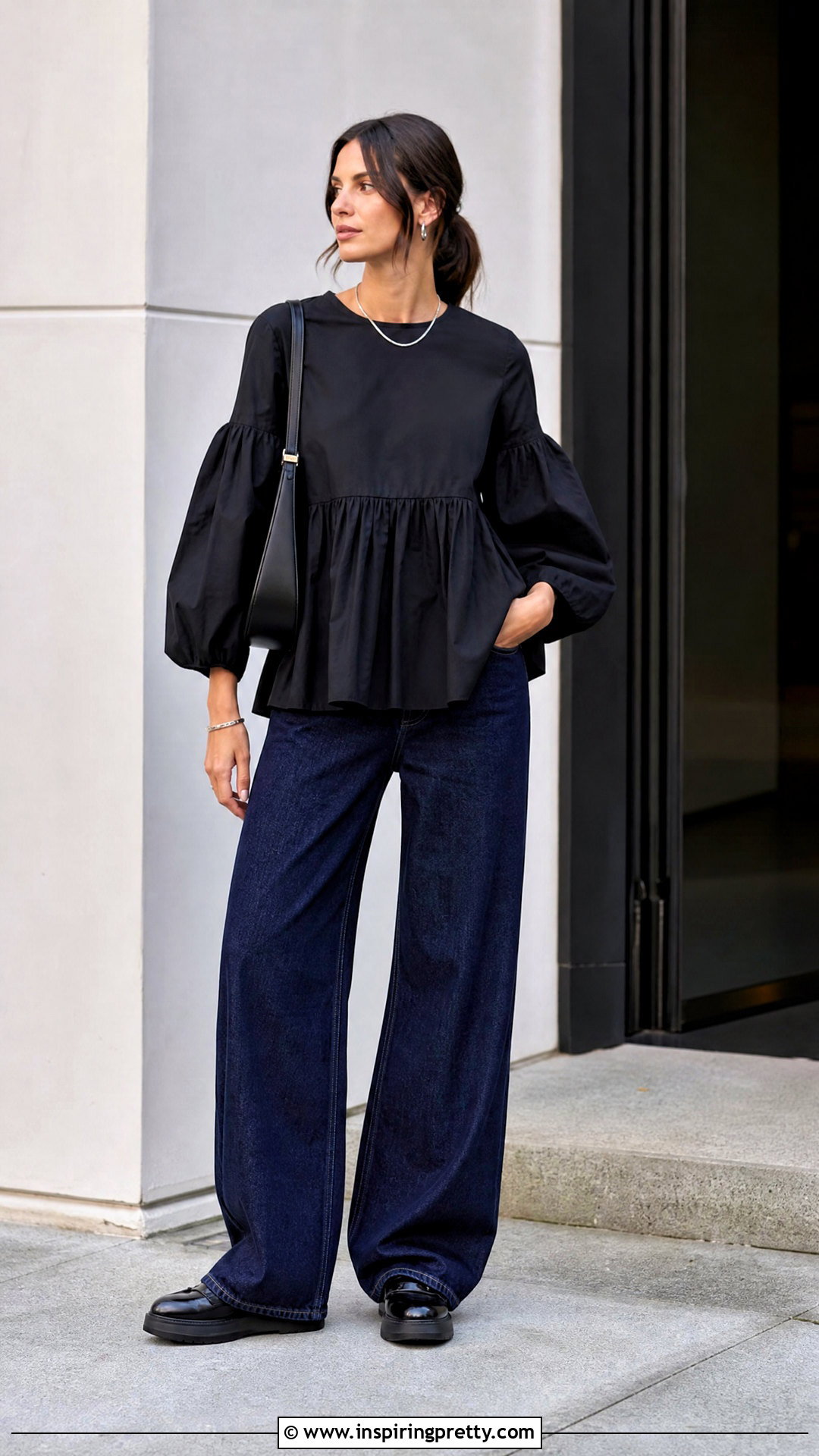Black Smock Style Top With Wide Leg Jeans - 20 Smock Style Top outfit ideas