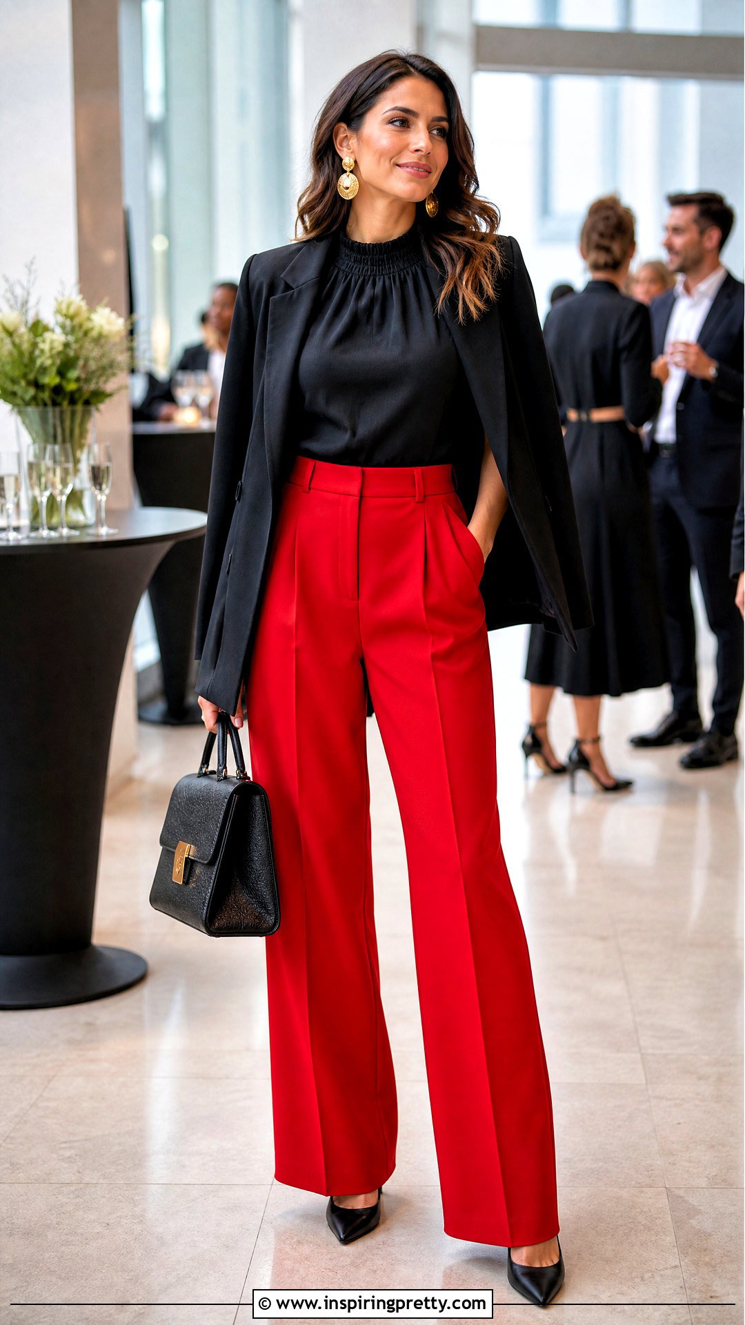 Black Smock Top With Red Wide Leg Pants - 25 Black Smock Top outfit ideas