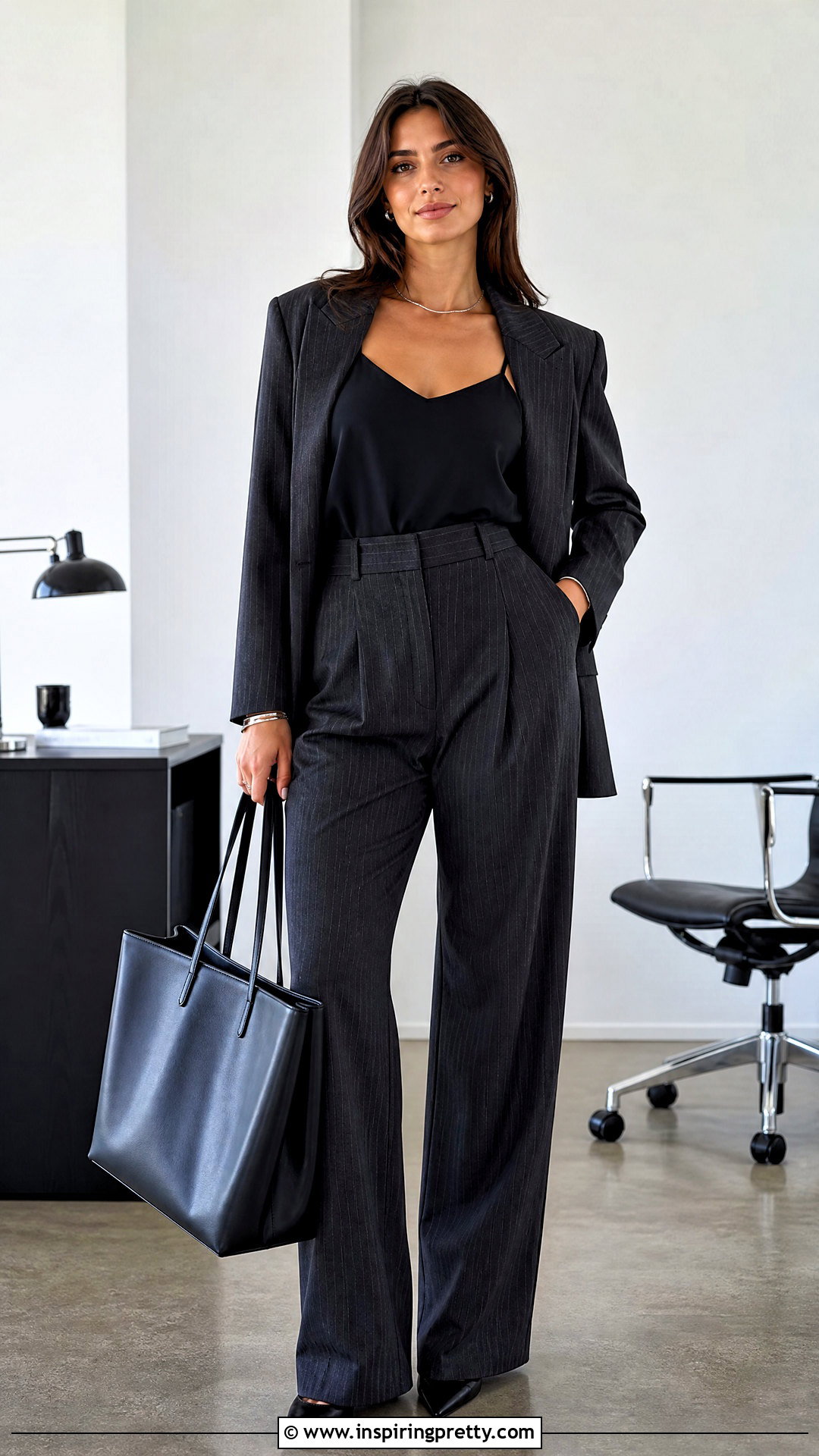 Black Spaghetti Strap Top With Pinstripe Trousers - 50 black spaghetti strap top outfit ideas
