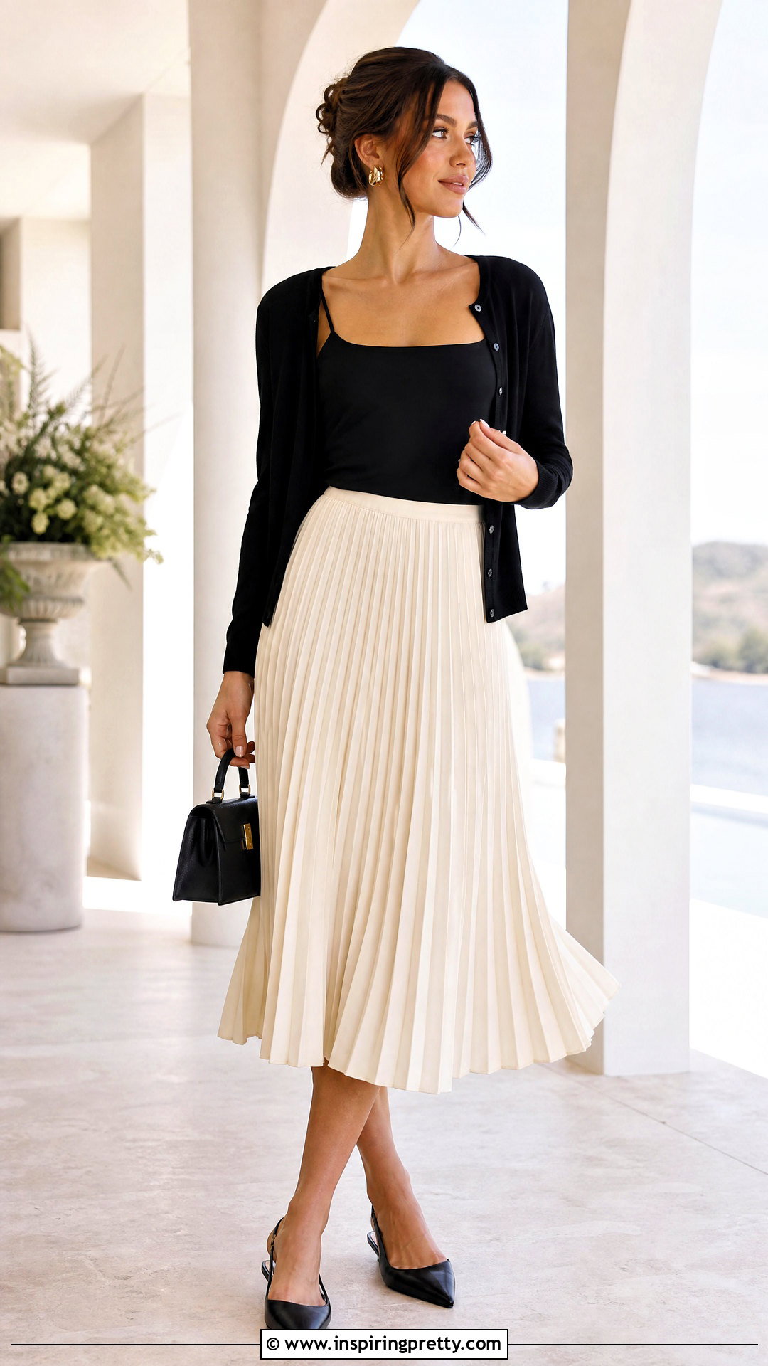 Black Spaghetti Strap Top With Pleated Midi Skirt - 50 black spaghetti strap top outfit ideas