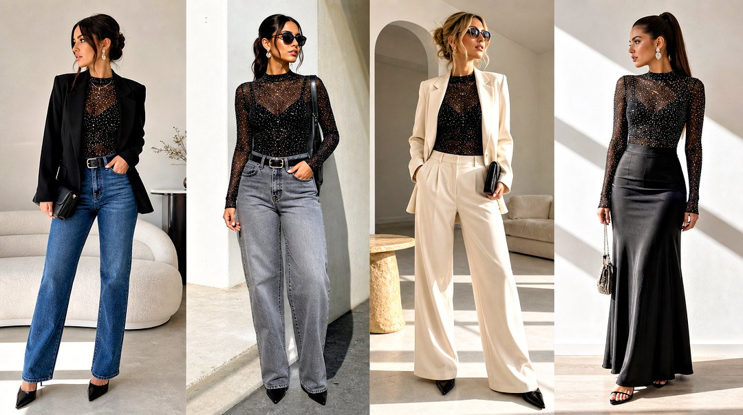 25 Black Sparkle Mesh Top Outfit Ideas for Glam Nights Out