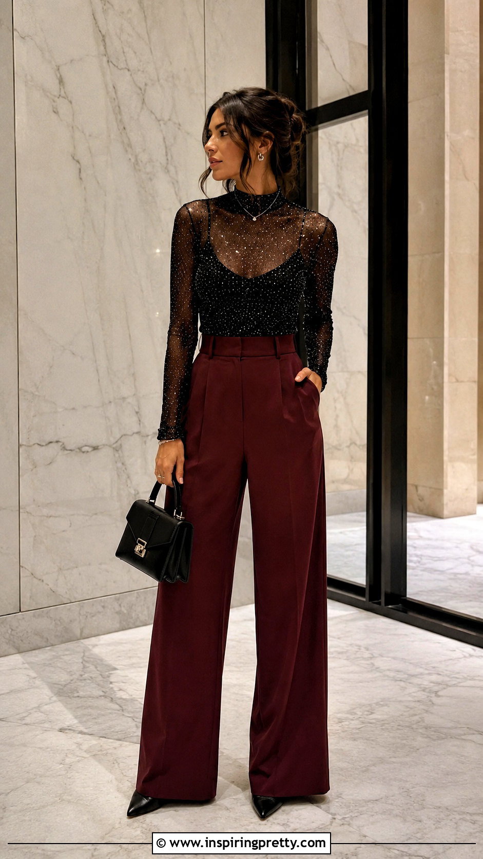 Black Sparkle Mesh Top With Burgundy Pants - 25 black sparkle mesh top outfit ideas