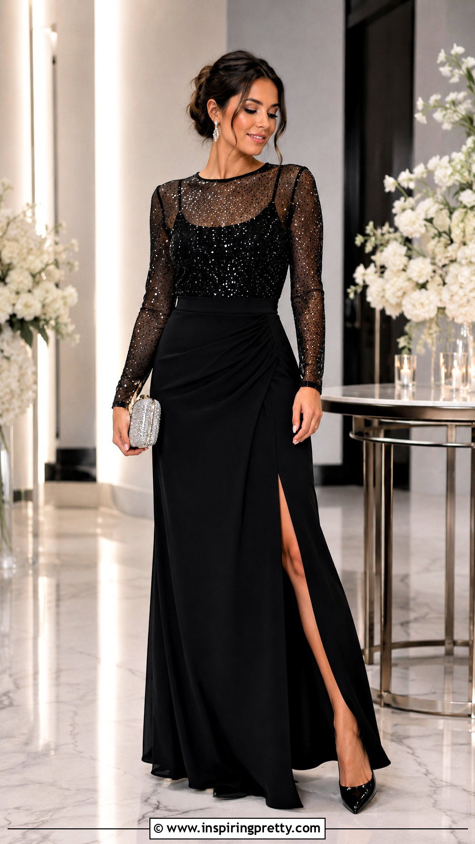 Black Sparkle Mesh Top With Matching Black Maxi Skirt - 25 black sparkle mesh top outfit ideas