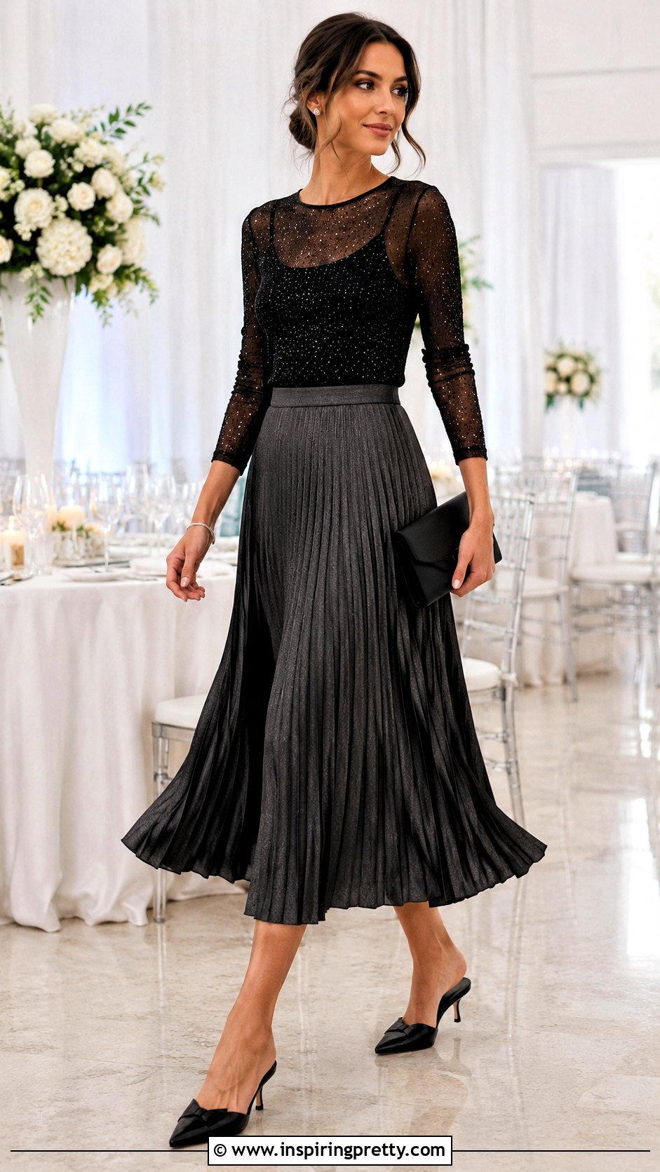Black Sparkle Mesh Top With Pleated Midi Skirt - 25 black sparkle mesh top outfit ideas