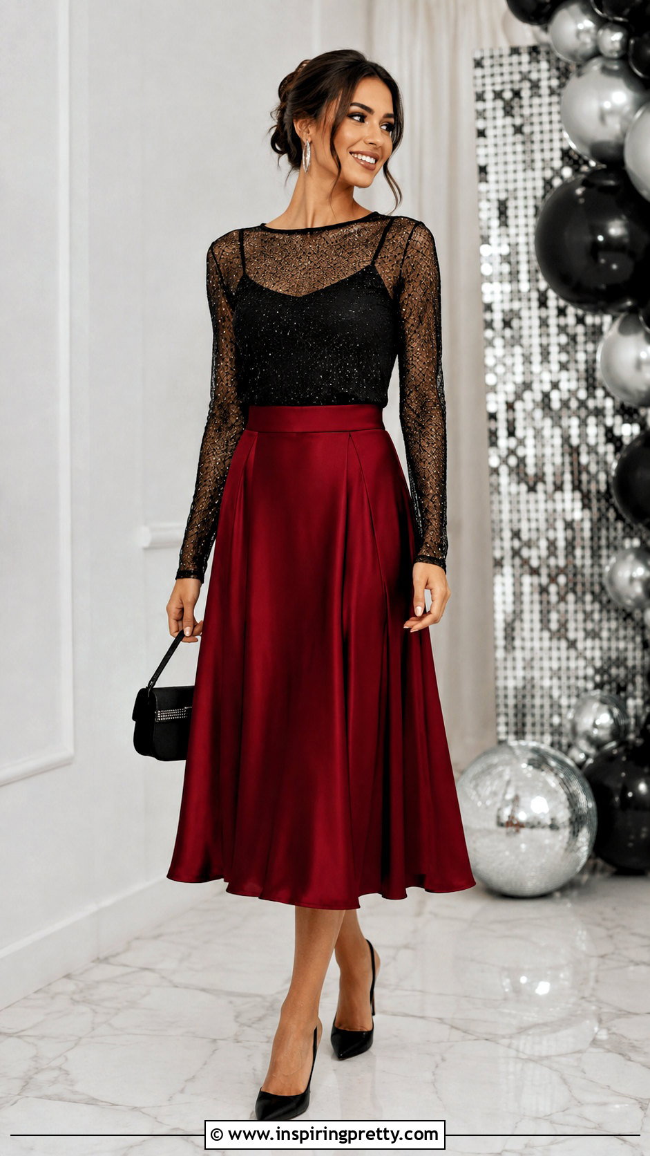Black Sparkle Mesh Top With Red Midi Skirt - 25 black sparkle mesh top outfit ideas