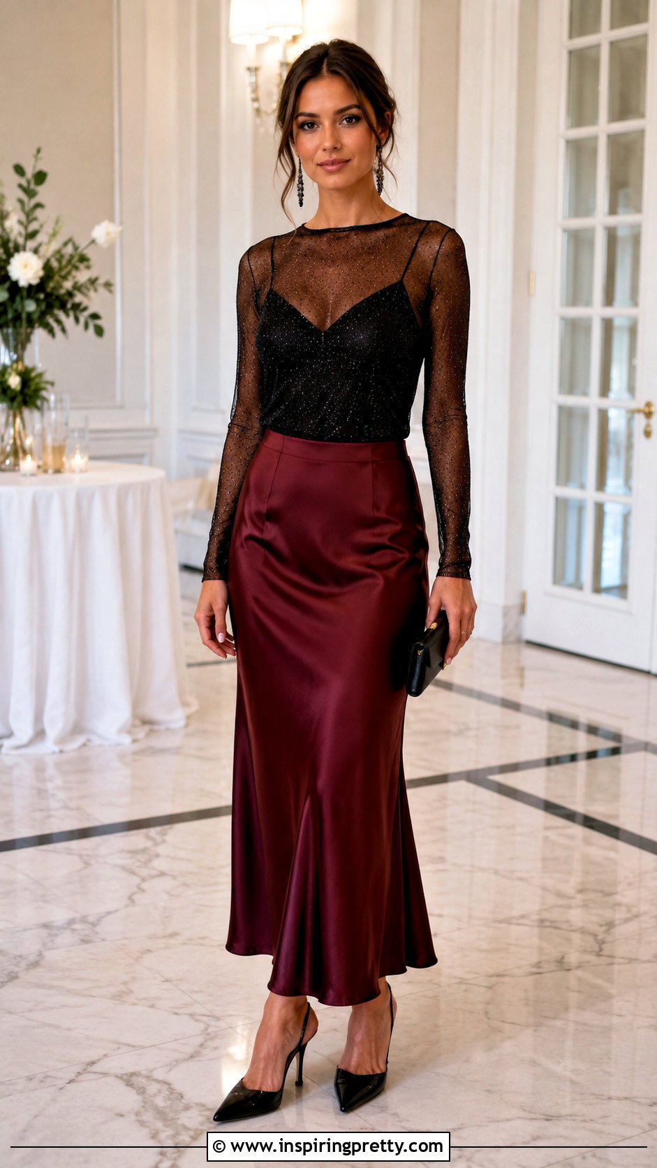 Black Sparkle Mesh Top With Satin Midi Skirt - 25 black sparkle mesh top outfit ideas