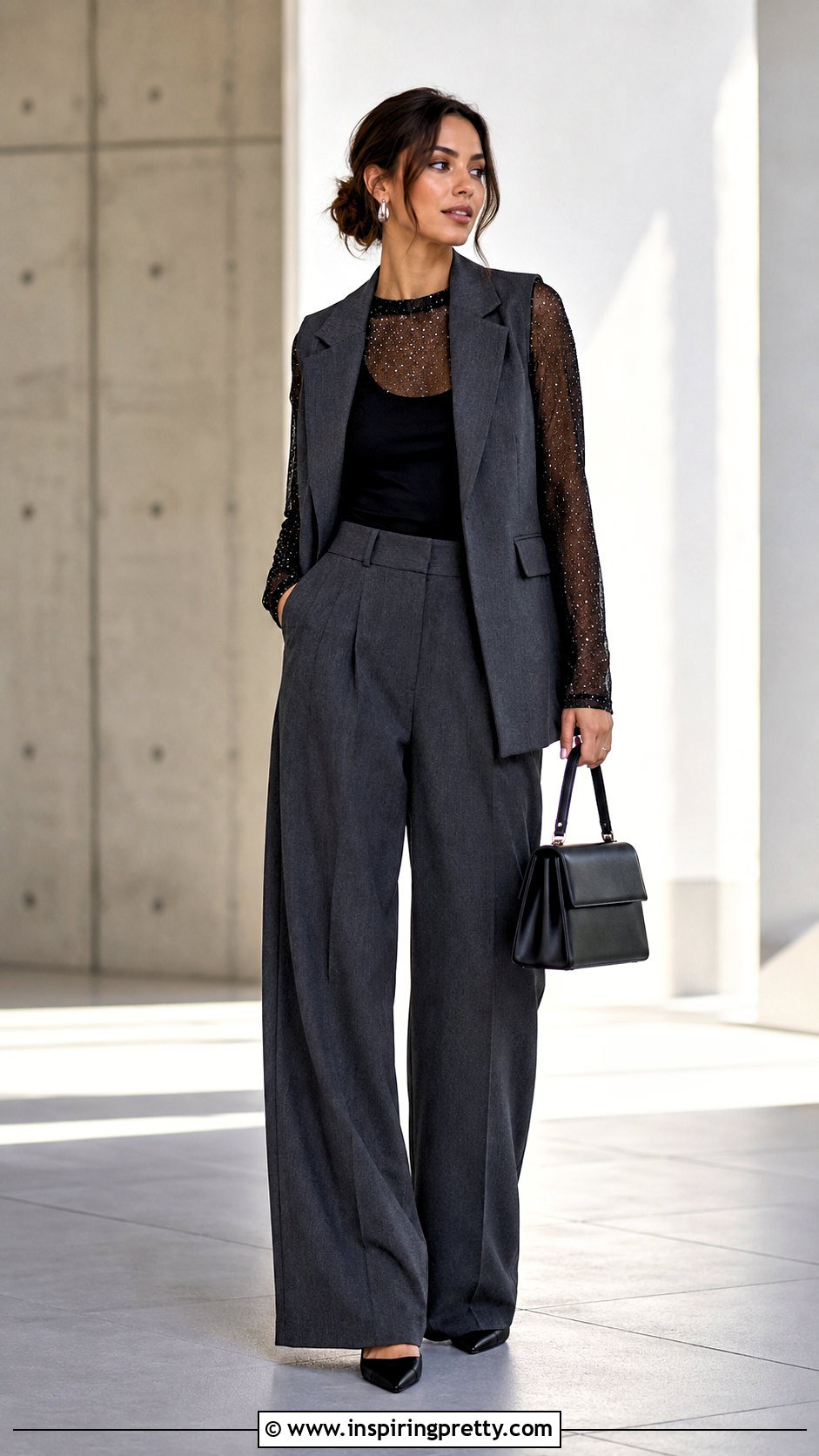 Black Sparkle Mesh Top With Tailored Vest And Trousers - 25 black sparkle mesh top outfit ideas