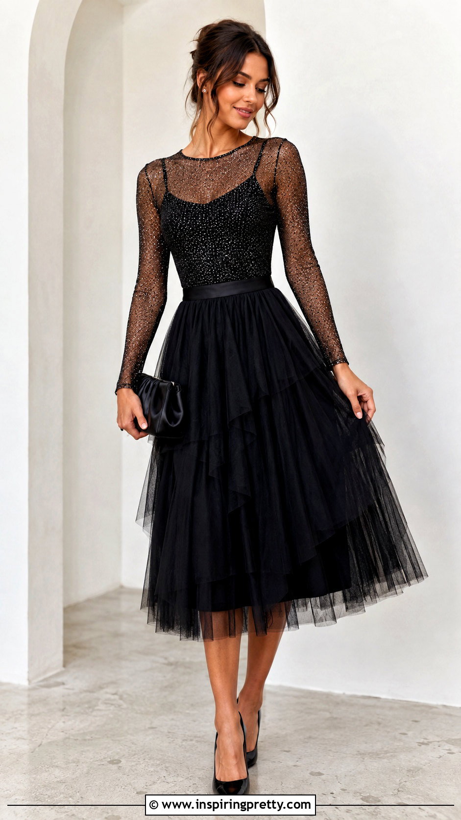 Black Sparkle Mesh Top With Tulle Midi Skirt - 25 black sparkle mesh top outfit ideas