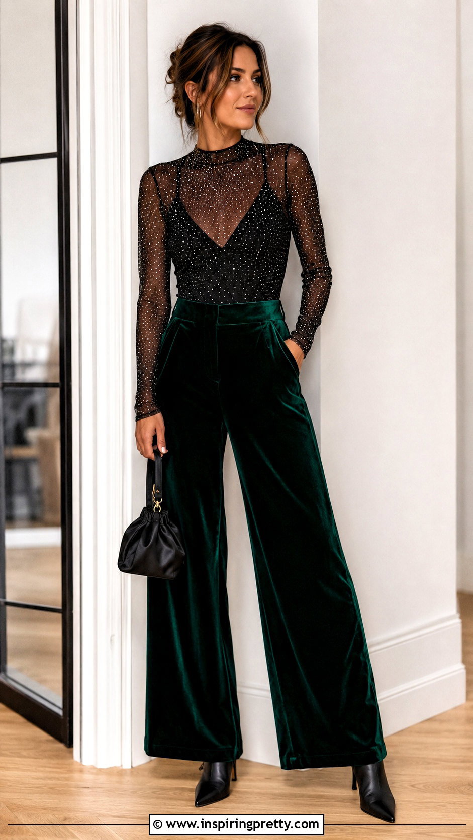 Black Sparkle Mesh Top With Velvet Pants - 25 black sparkle mesh top outfit ideas
