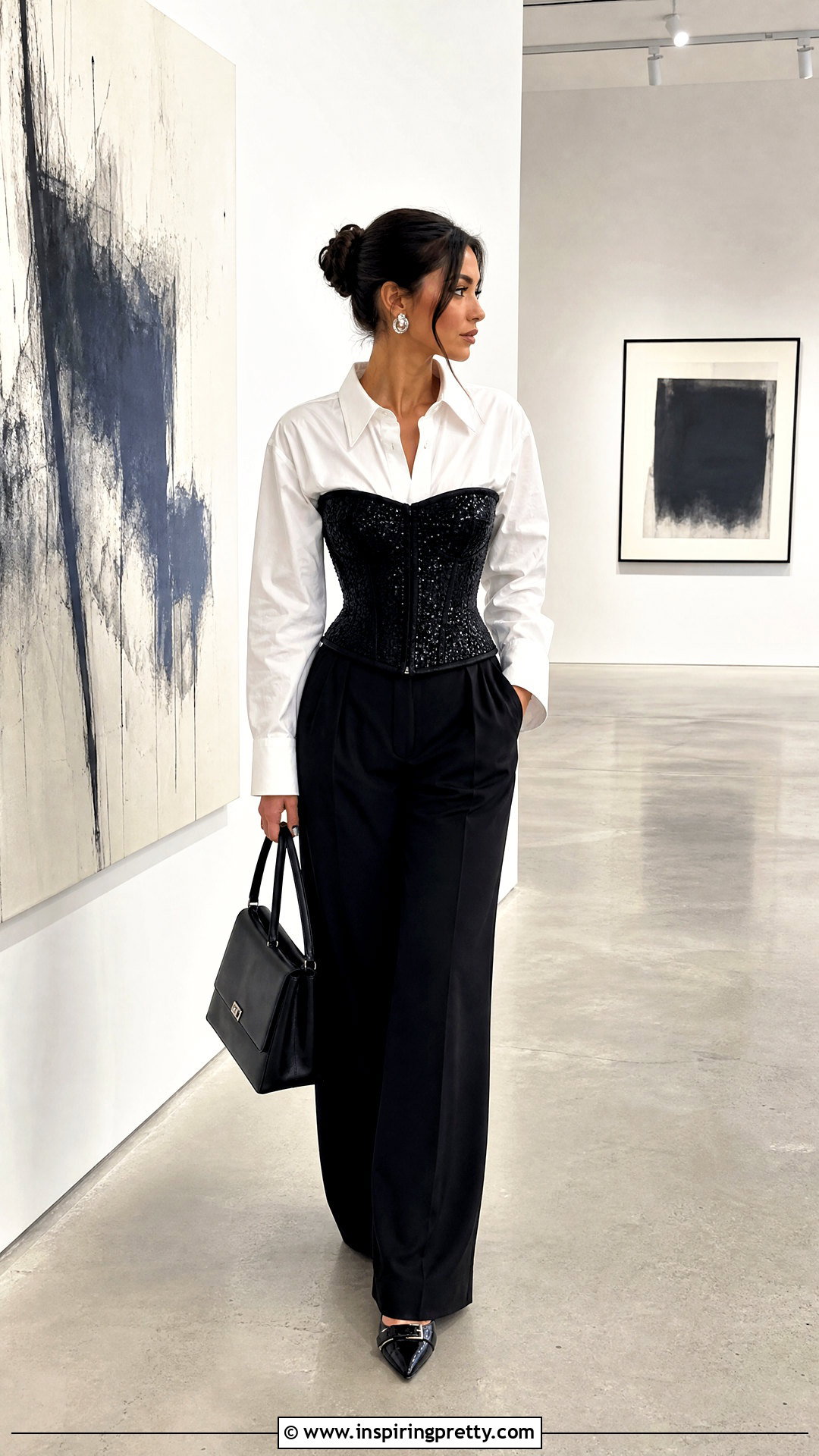 Black Sparkly Corset Top Over White Button Down Shirt - 25 black sparkly corset top outfit ideas