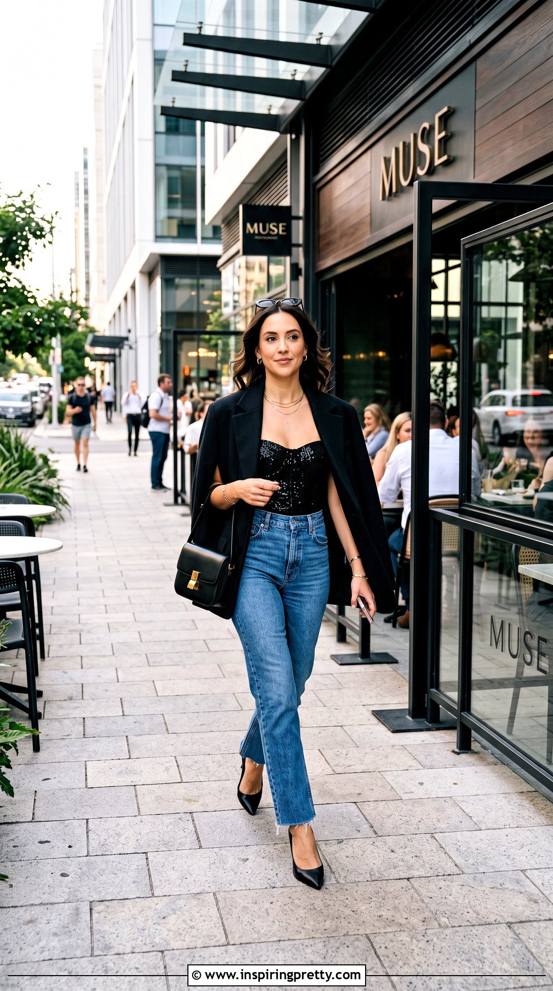 Black Sparkly Corset Top With Blazer And Jeans - 25 black sparkly corset top outfit ideas