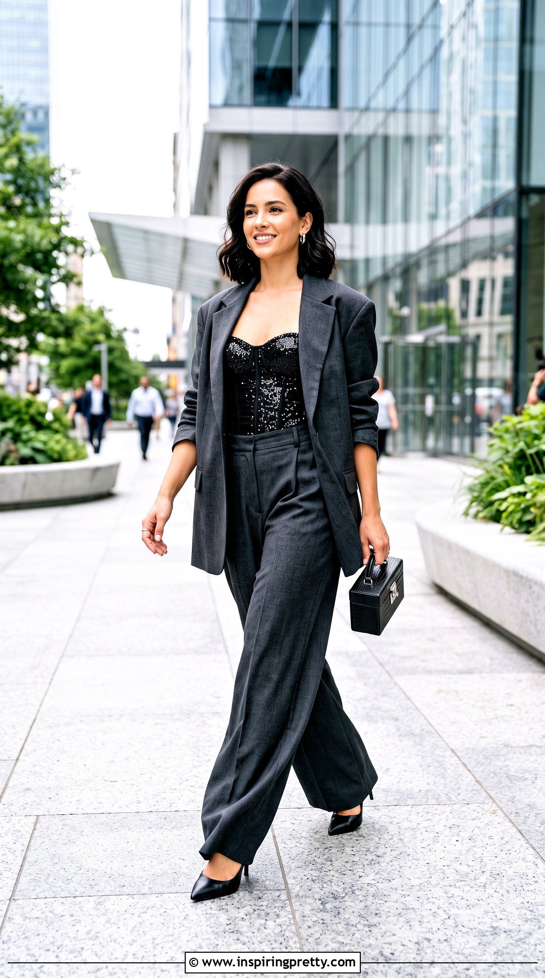 Black Sparkly Corset Top With Oversized Suit - 25 black sparkly corset top outfit ideas