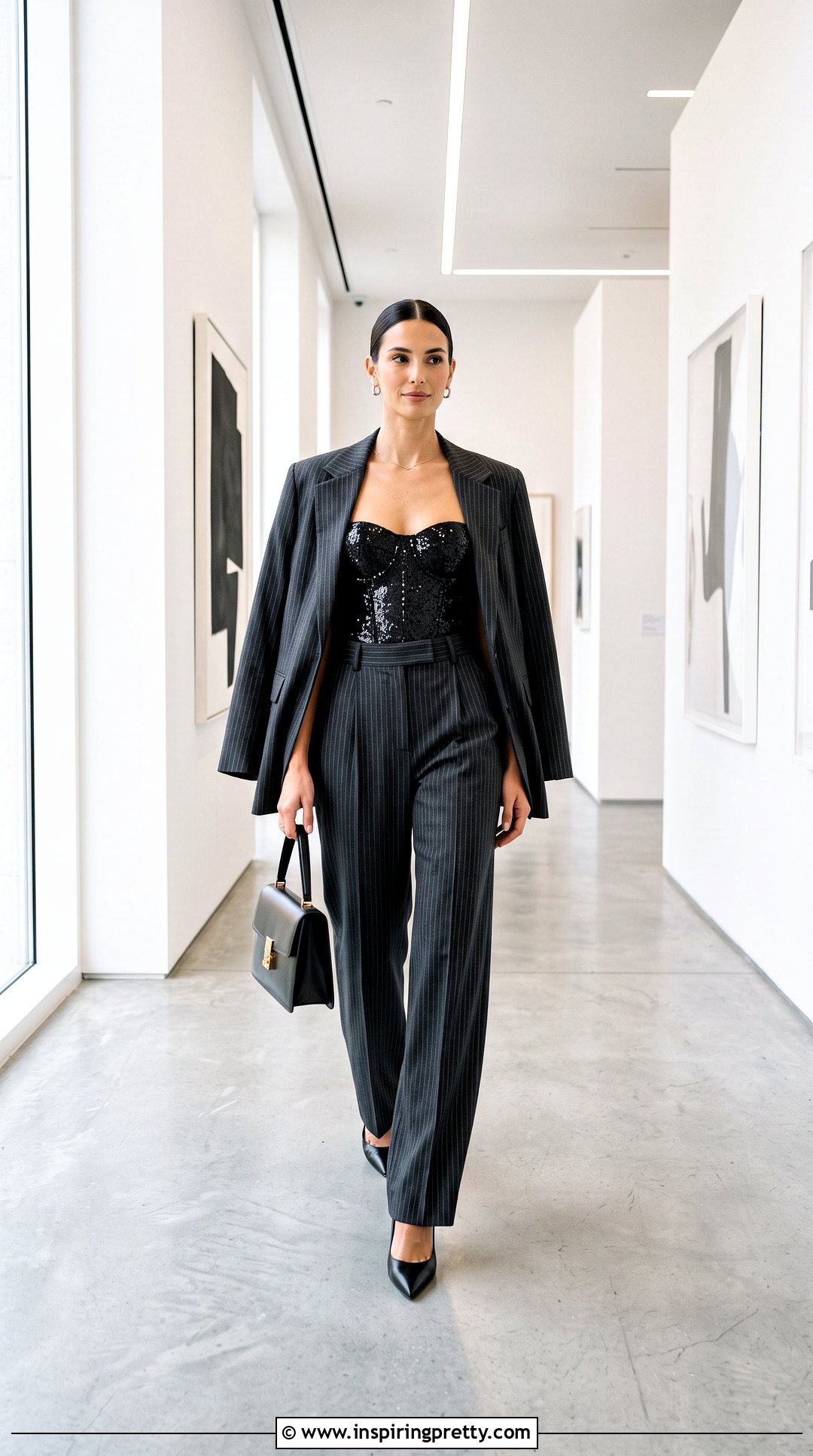 Black Sparkly Corset Top With Pinstripe Trousers - 25 black sparkly corset top outfit ideas