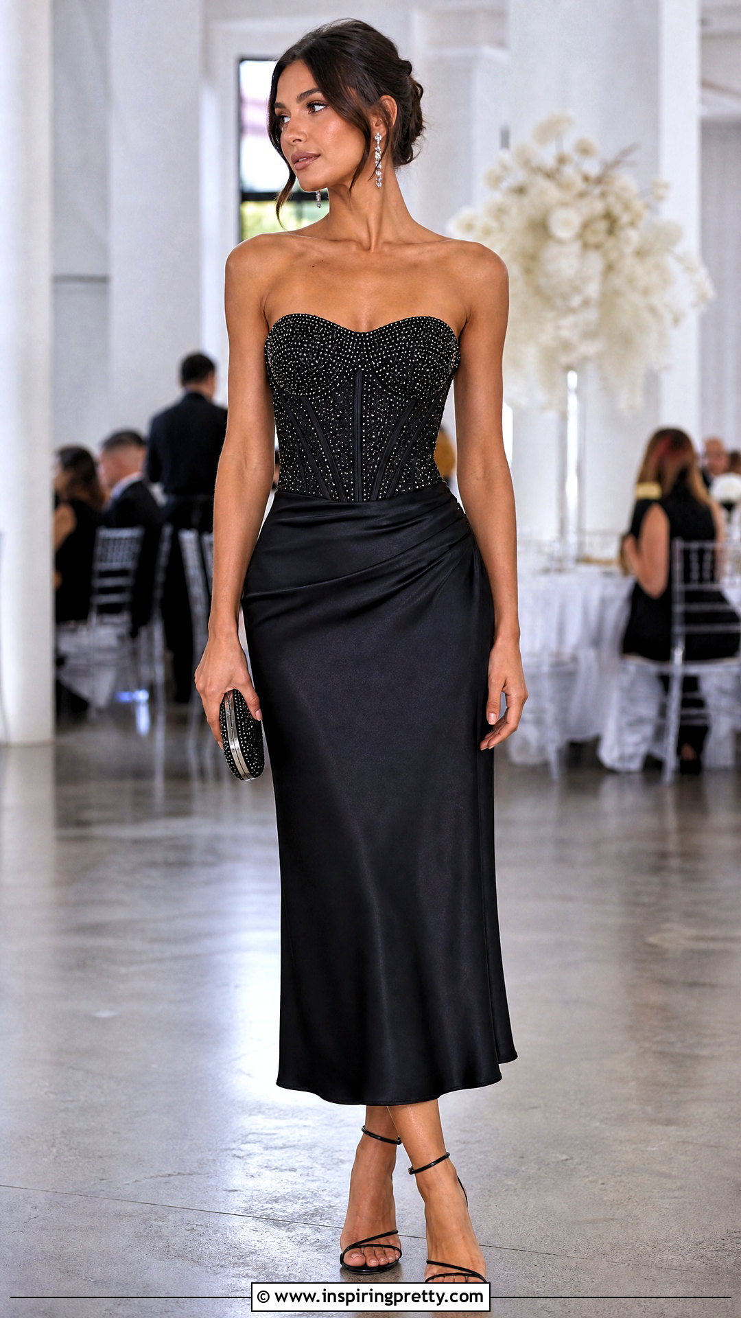 Black Sparkly Corset Top With Satin Midi Skirt - 25 black sparkly corset top outfit ideas