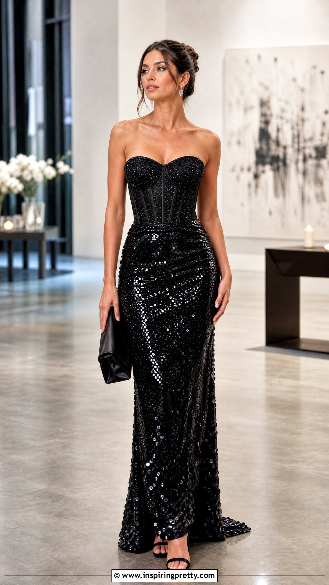 Black Sparkly Corset Top With Sequin Maxi Skirt - 25 black sparkly corset top outfit ideas
