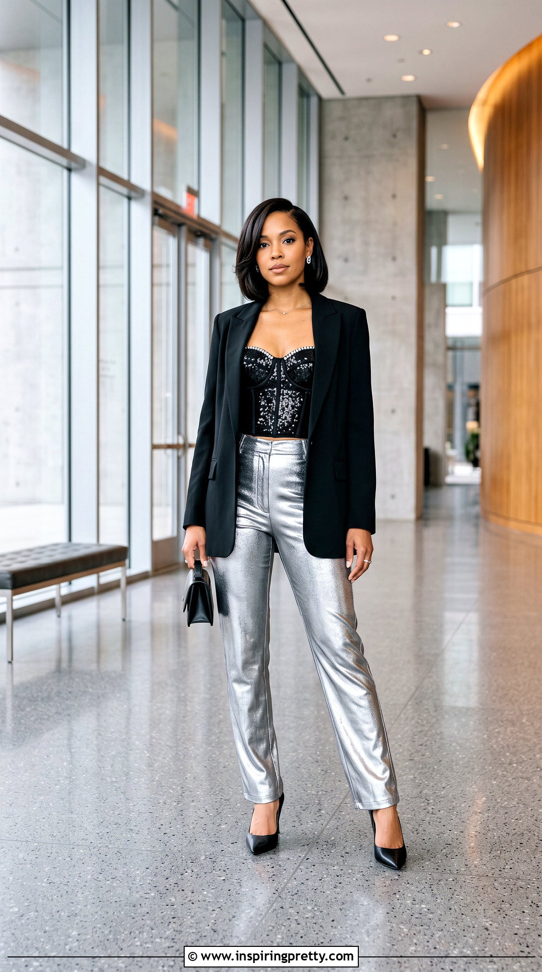 Black Sparkly Corset Top With Silver Pants - 25 black sparkly corset top outfit ideas