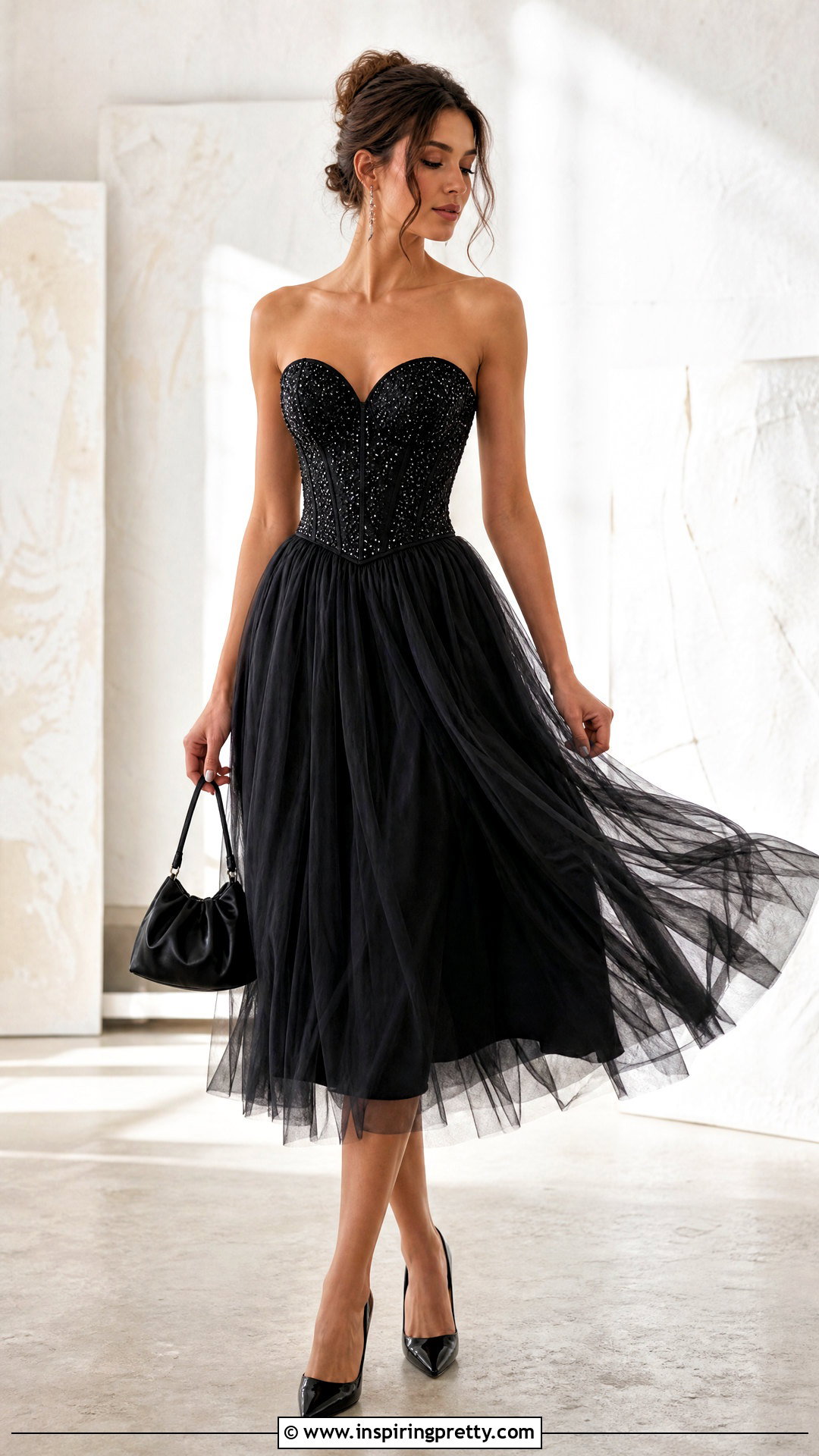 Black Sparkly Corset Top With Tulle Midi Skirt - 25 black sparkly corset top outfit ideas