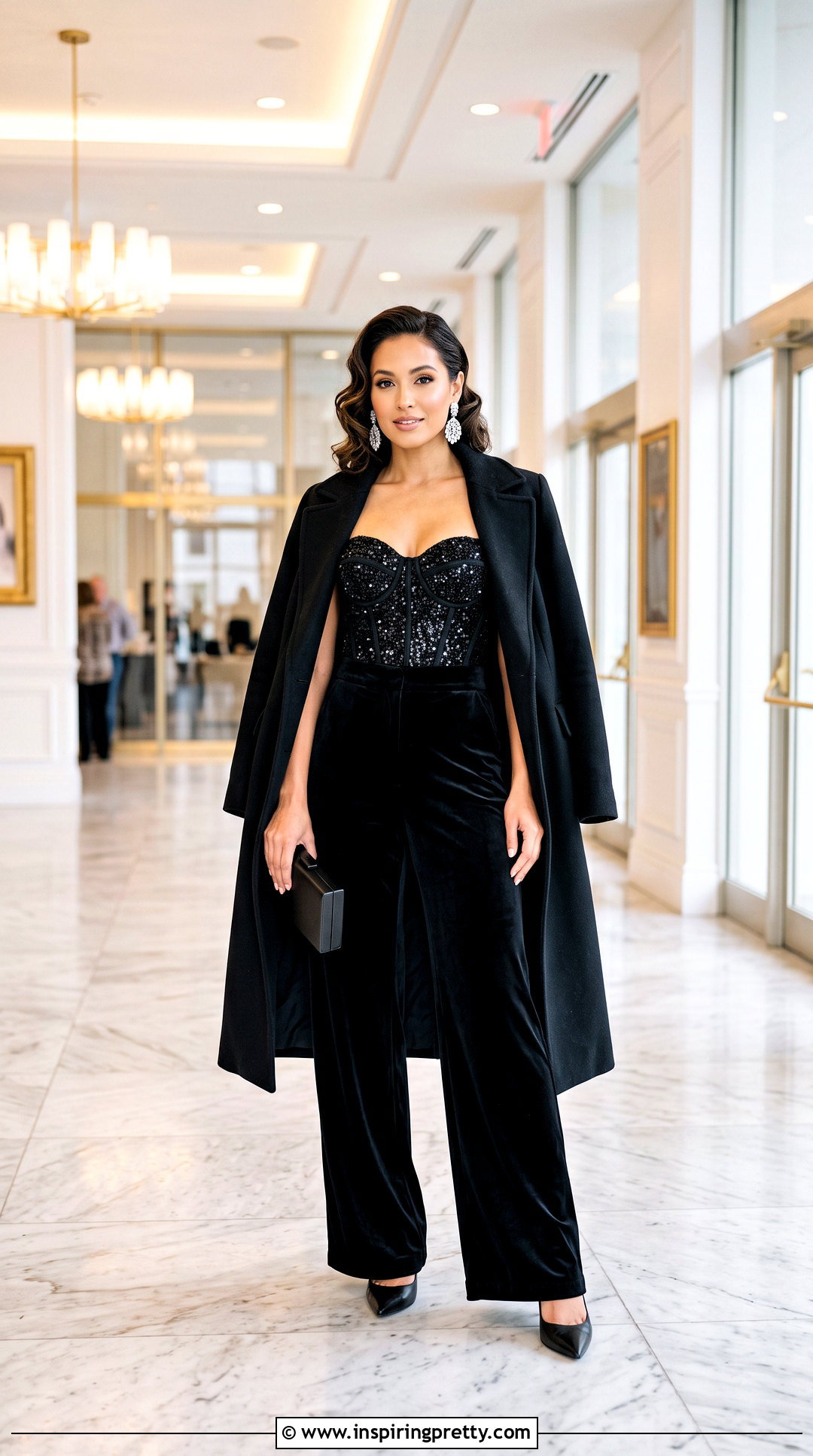 Black Sparkly Corset Top With Velvet Pants - 25 black sparkly corset top outfit ideas