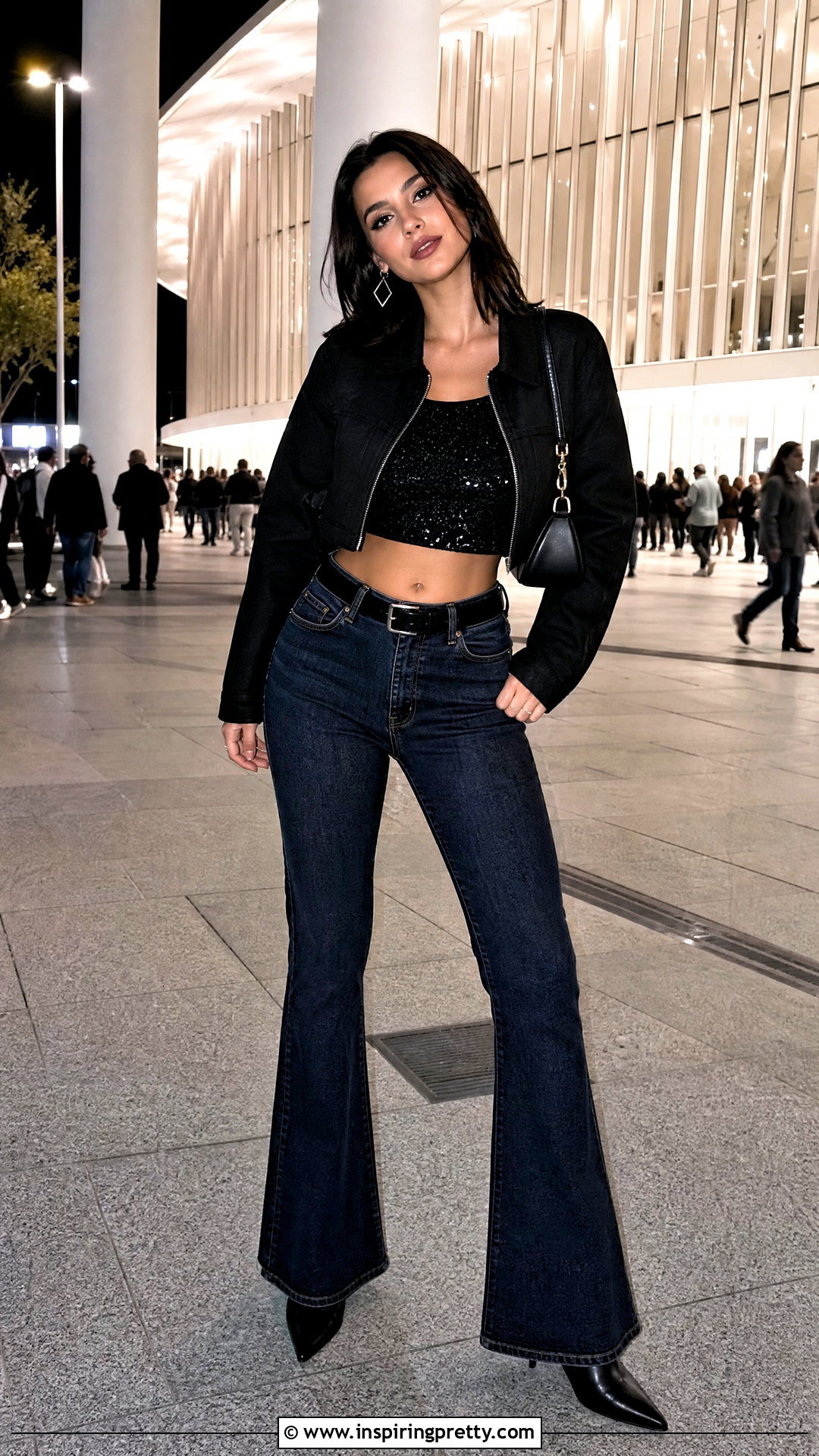 Black Sparkly Crop Top With Flared Jeans - 25 Black Sparkly Crop Top outfit ideas