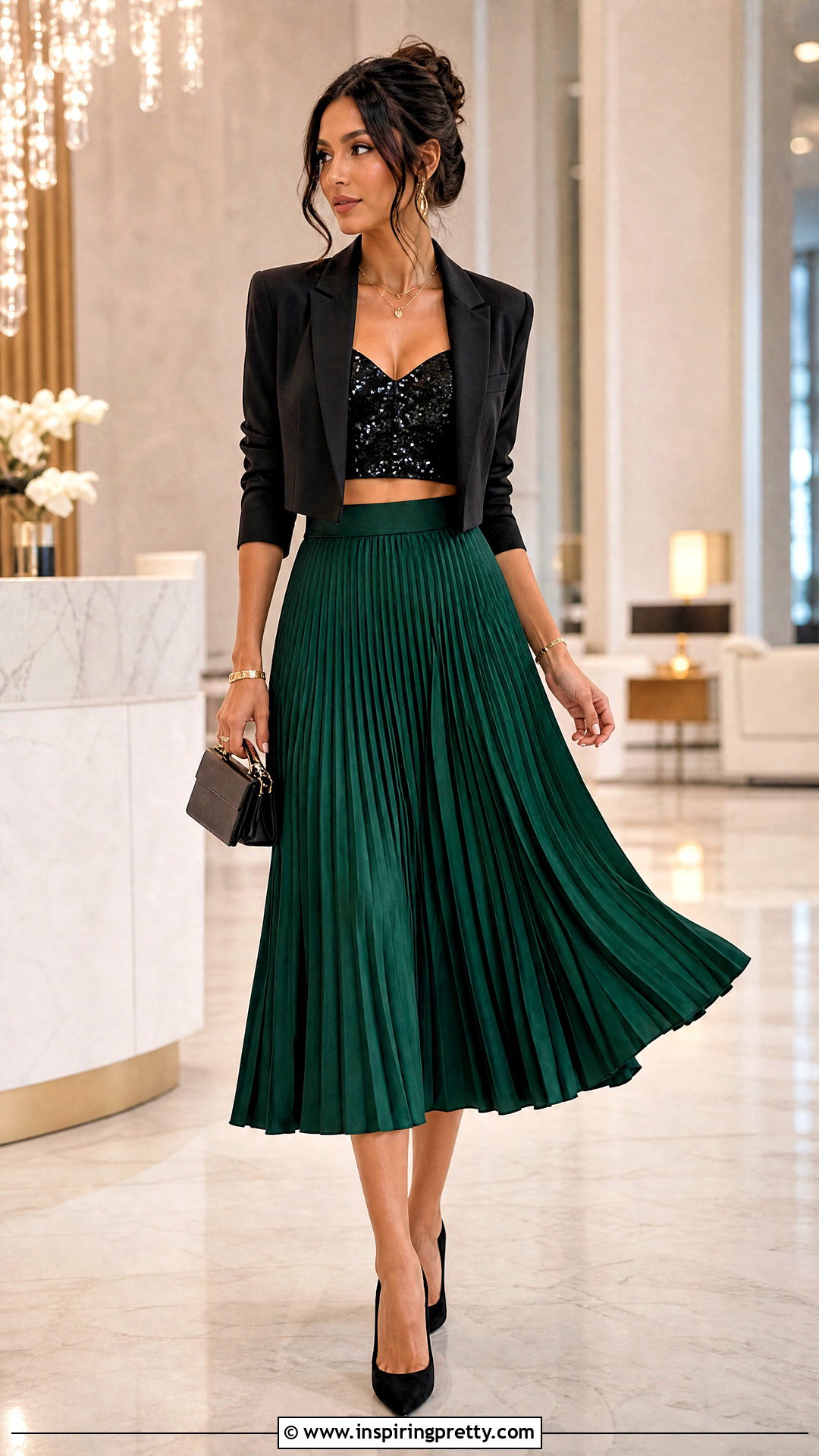 Black Sparkly Crop Top With Pleated Midi Skirt - 25 Black Sparkly Crop Top outfit ideas
