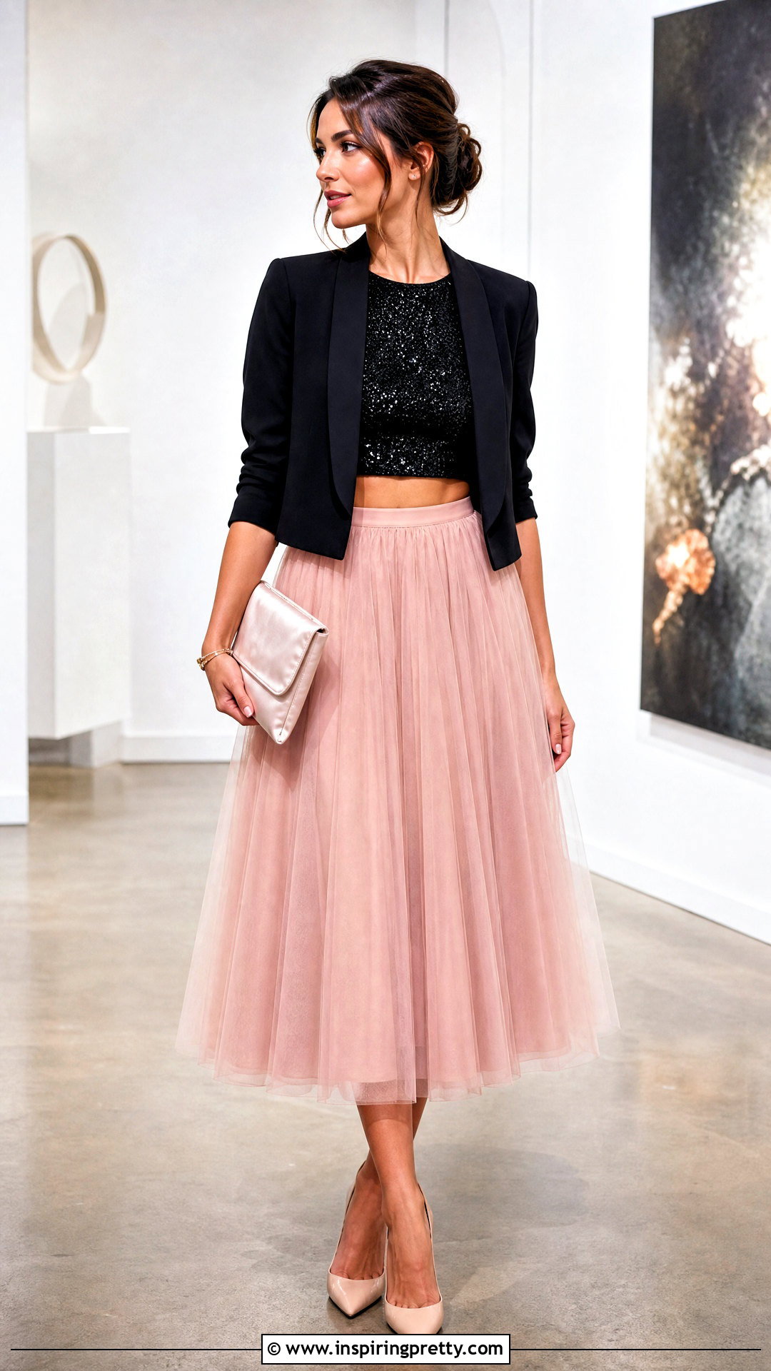 Black Sparkly Crop Top With Tulle Midi Skirt - 25 Black Sparkly Crop Top outfit ideas