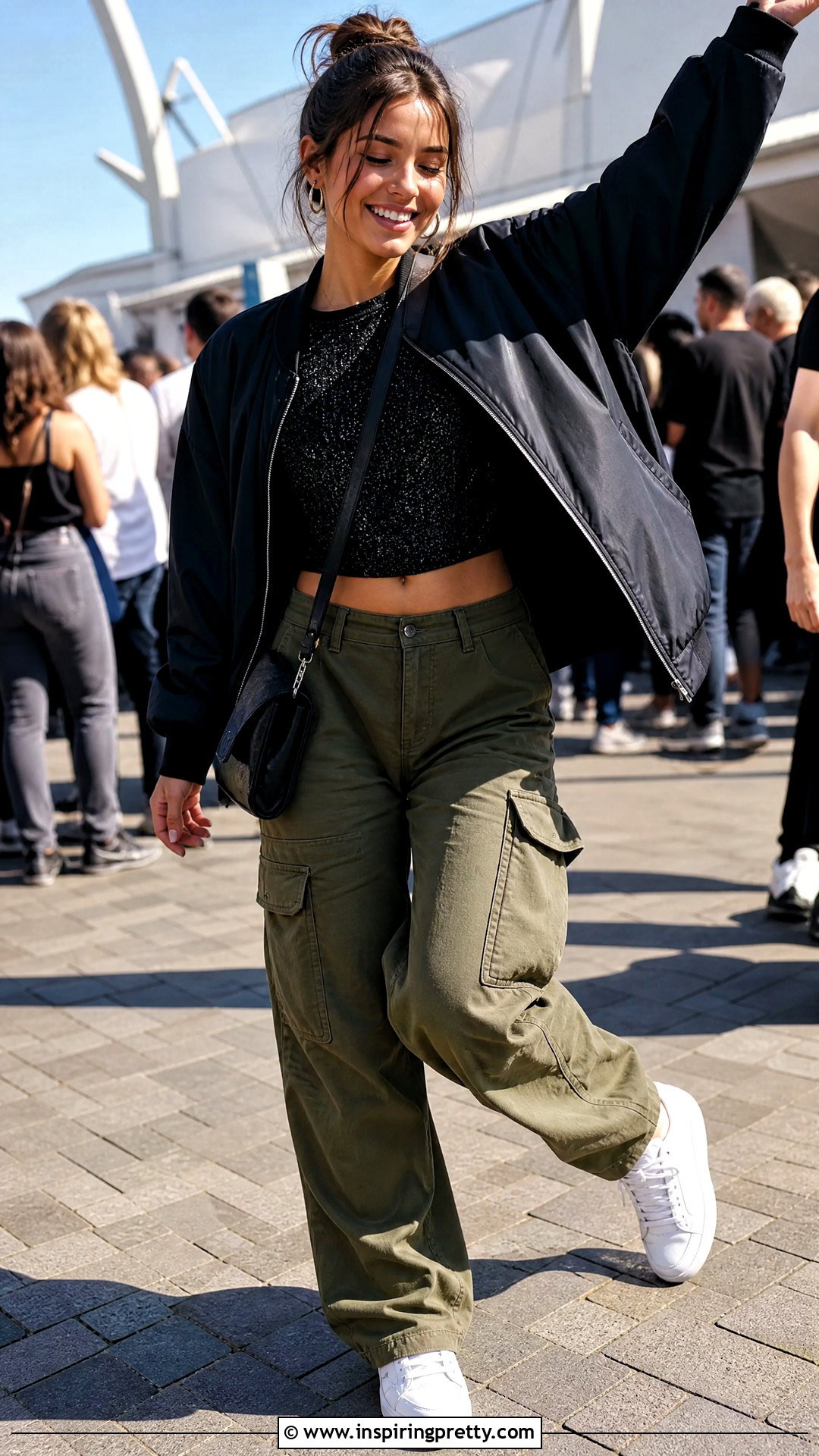 Black Sparkly Zara Top With Cargo Pants And Sneakers - 20 black sparkly top zara outfit ideas