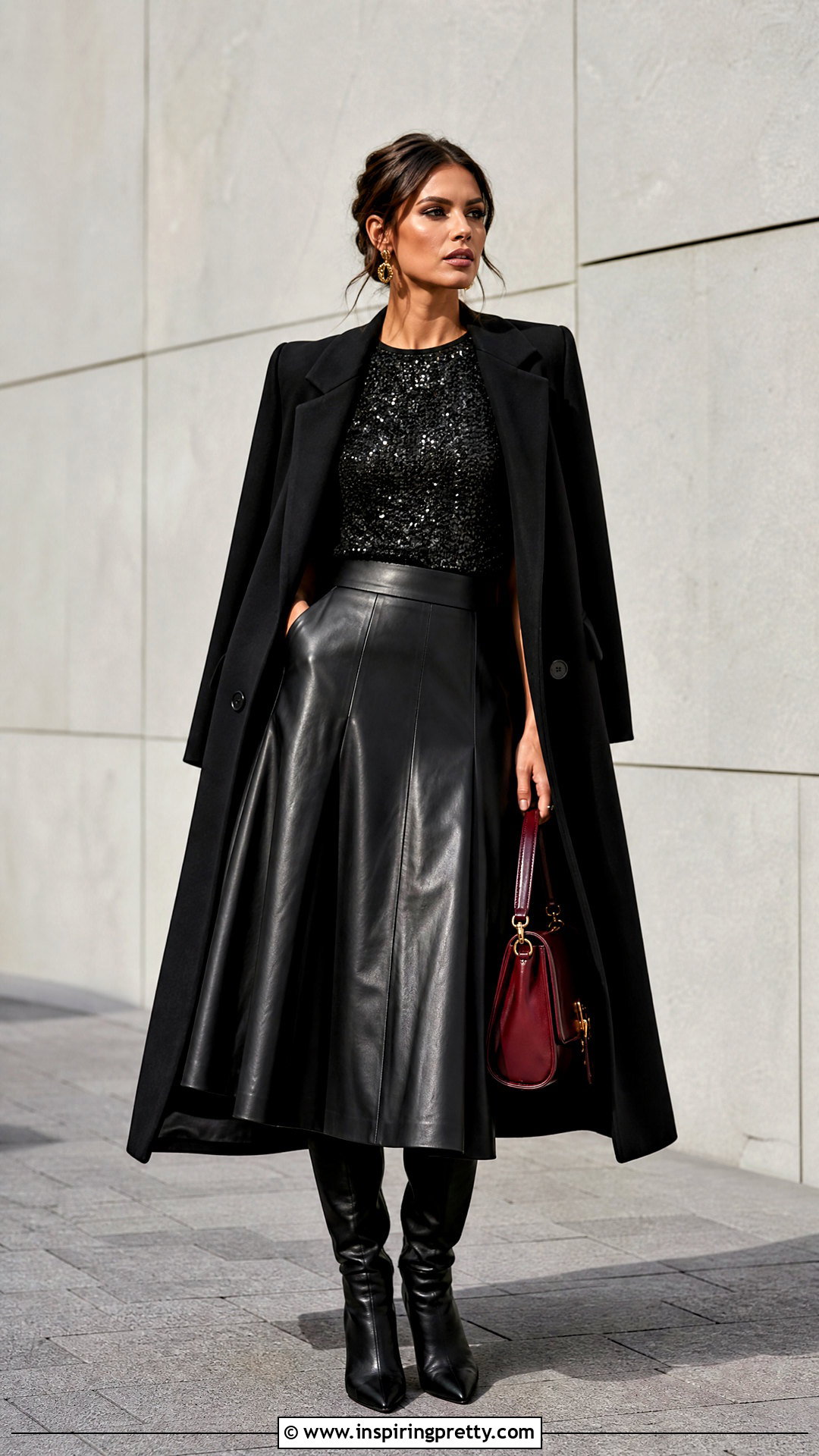 Black Sparkly Zara Top With Leather Midi Skirt - 20 black sparkly top zara outfit ideas