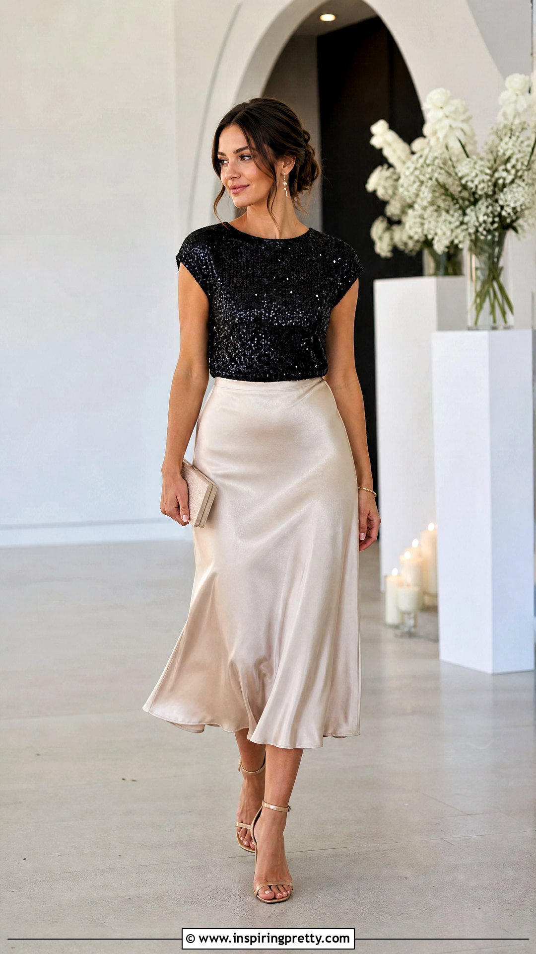 Black Sparkly Zara Top With Satin Midi Skirt - 20 black sparkly top zara outfit ideas