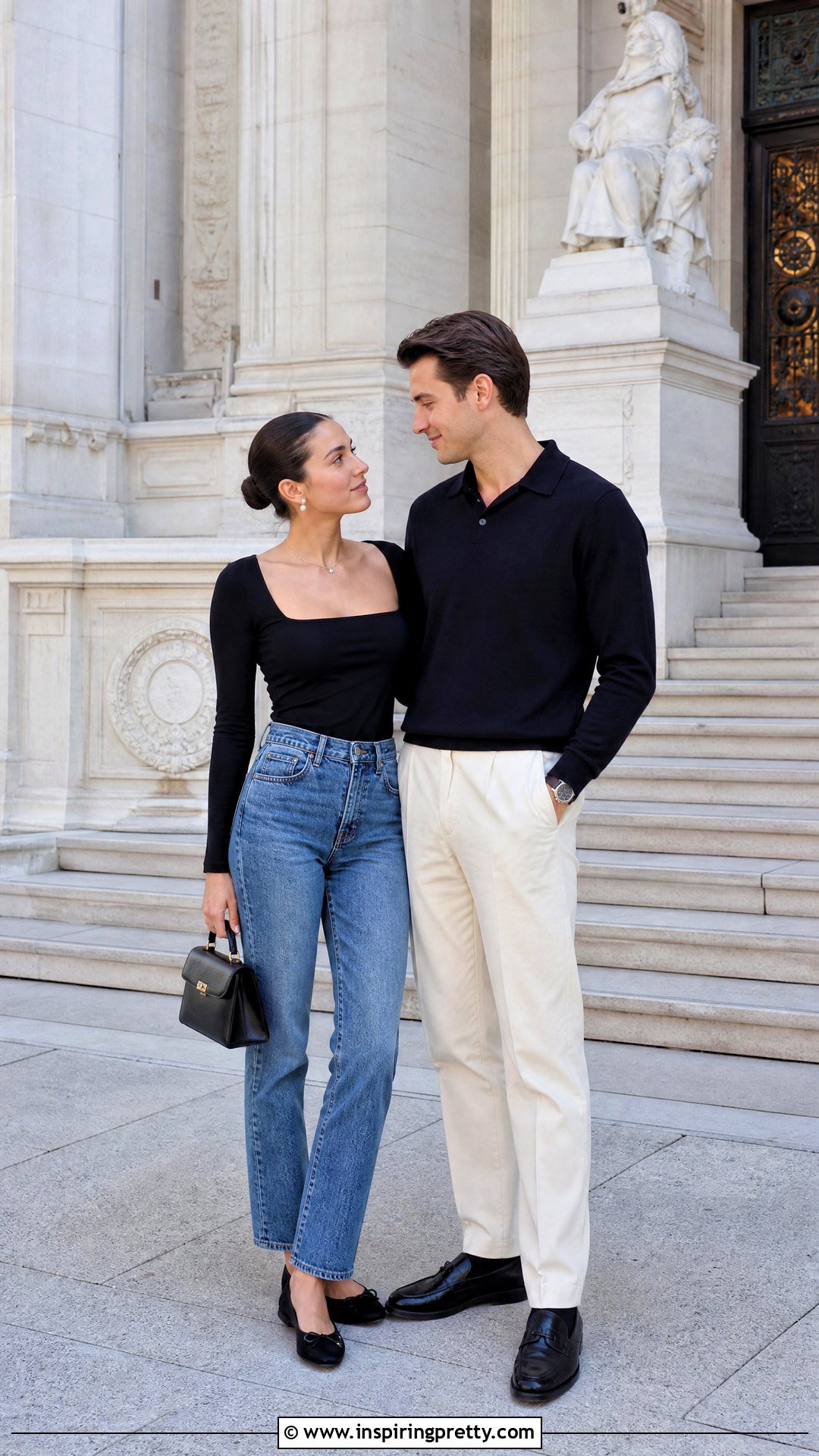 Black Square Neck Top And Vintage Jeans Engagement Outfit - 25 black top and jeans engagement photos